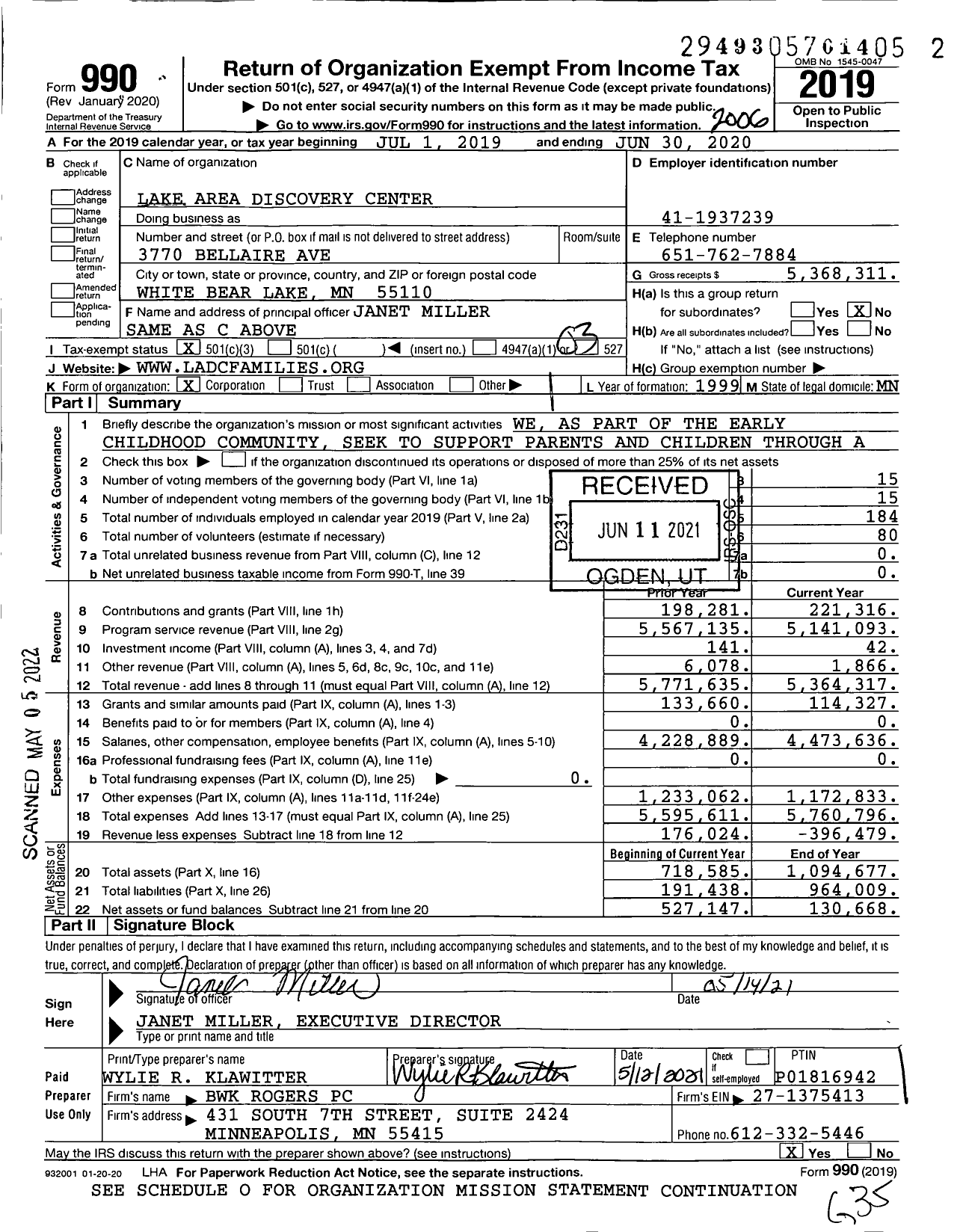 Image of first page of 2019 Form 990 for Lake Area Discovery Center