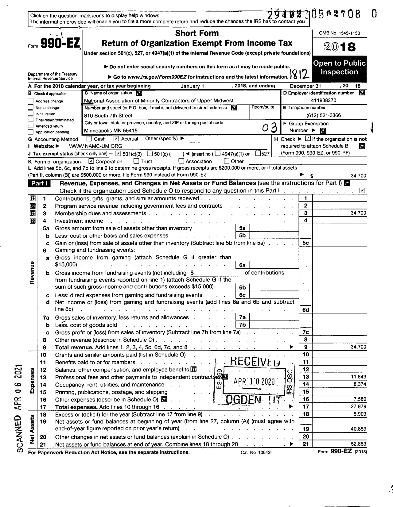 Image of first page of 2018 Form 990EZ for National Association of Minority Contractors of Upper Midwest