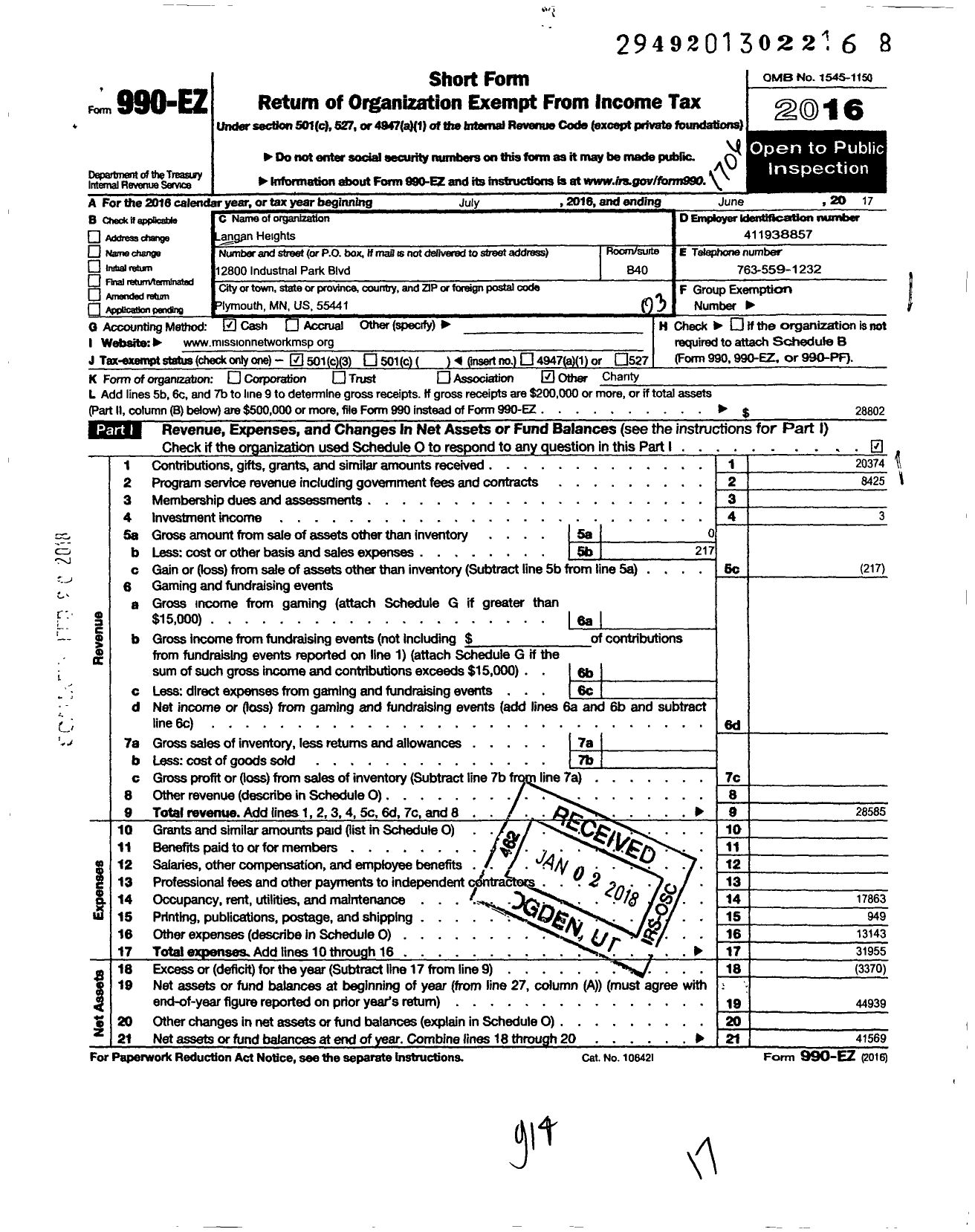 Image of first page of 2016 Form 990EZ for Langan Heights