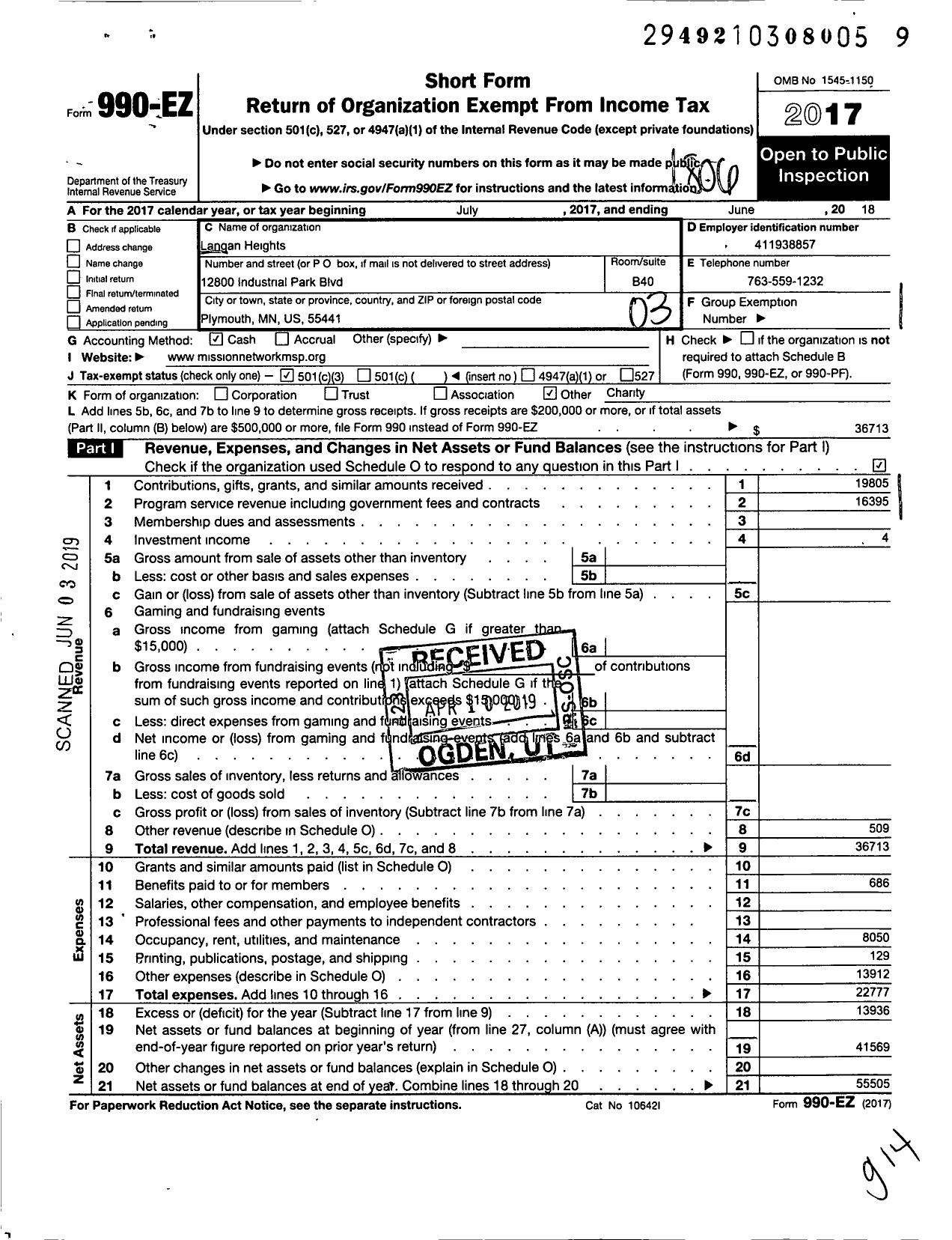 Image of first page of 2017 Form 990EZ for Langan Heights