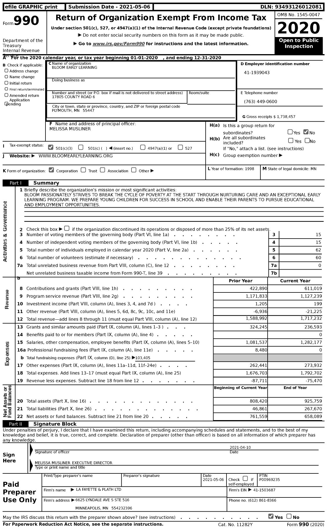 Image of first page of 2020 Form 990 for Bloom Early Learning