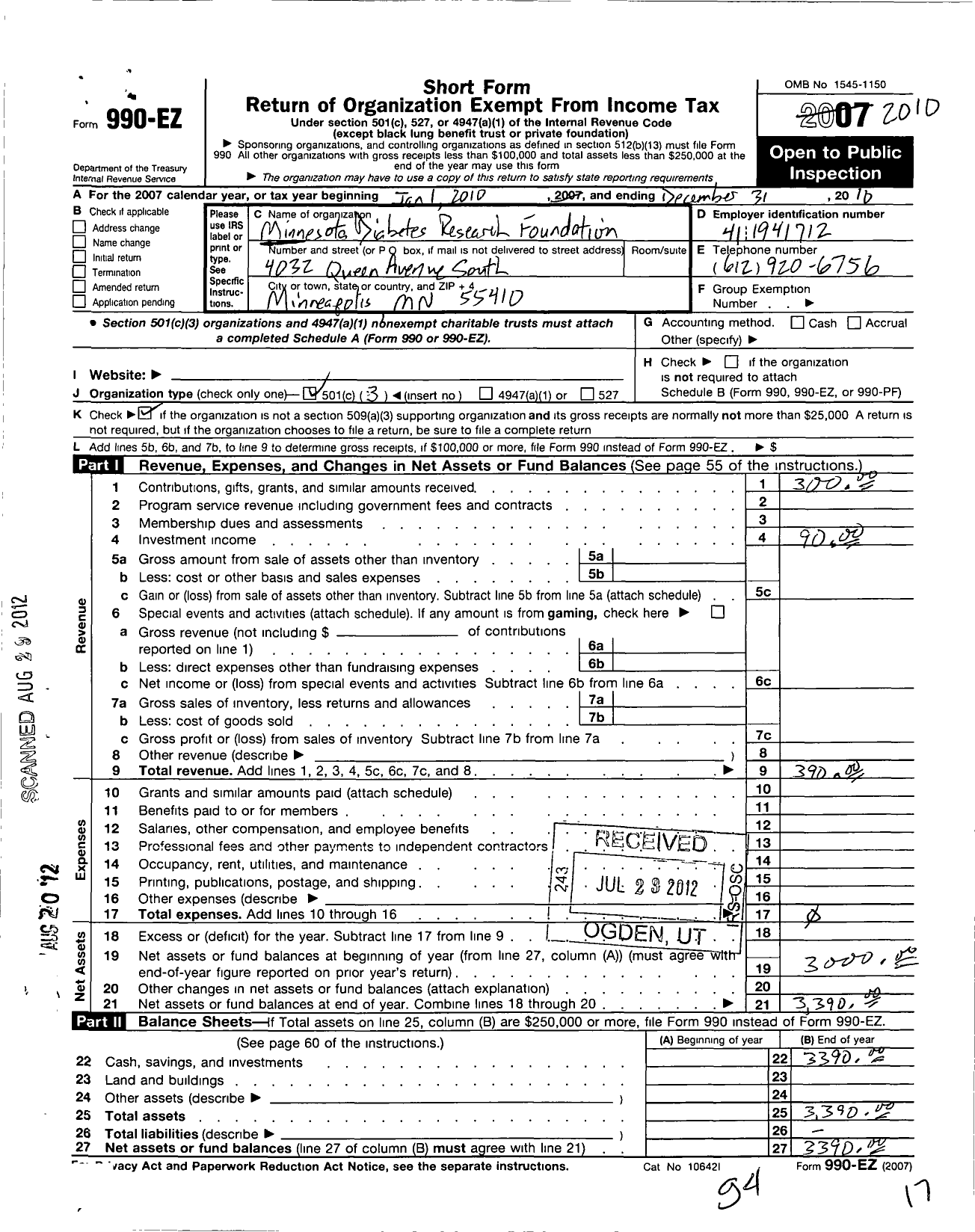 Image of first page of 2010 Form 990EZ for Minnesota Diabetes Research Foundation