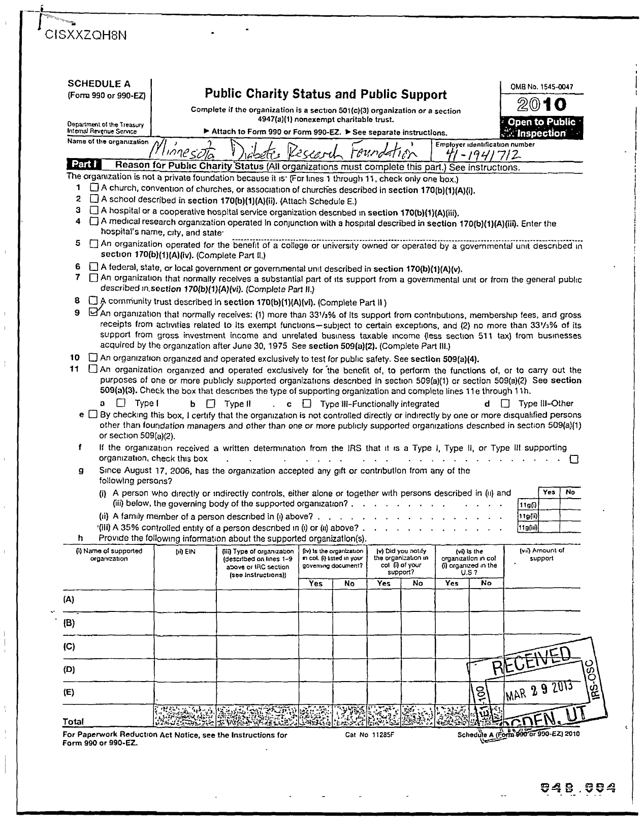 Image of first page of 2010 Form 990ER for Minnesota Diabetes Research Foundation