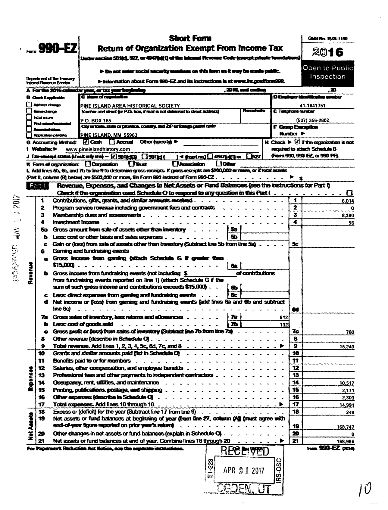 Image of first page of 2016 Form 990EZ for Pine Island Area Historical Society