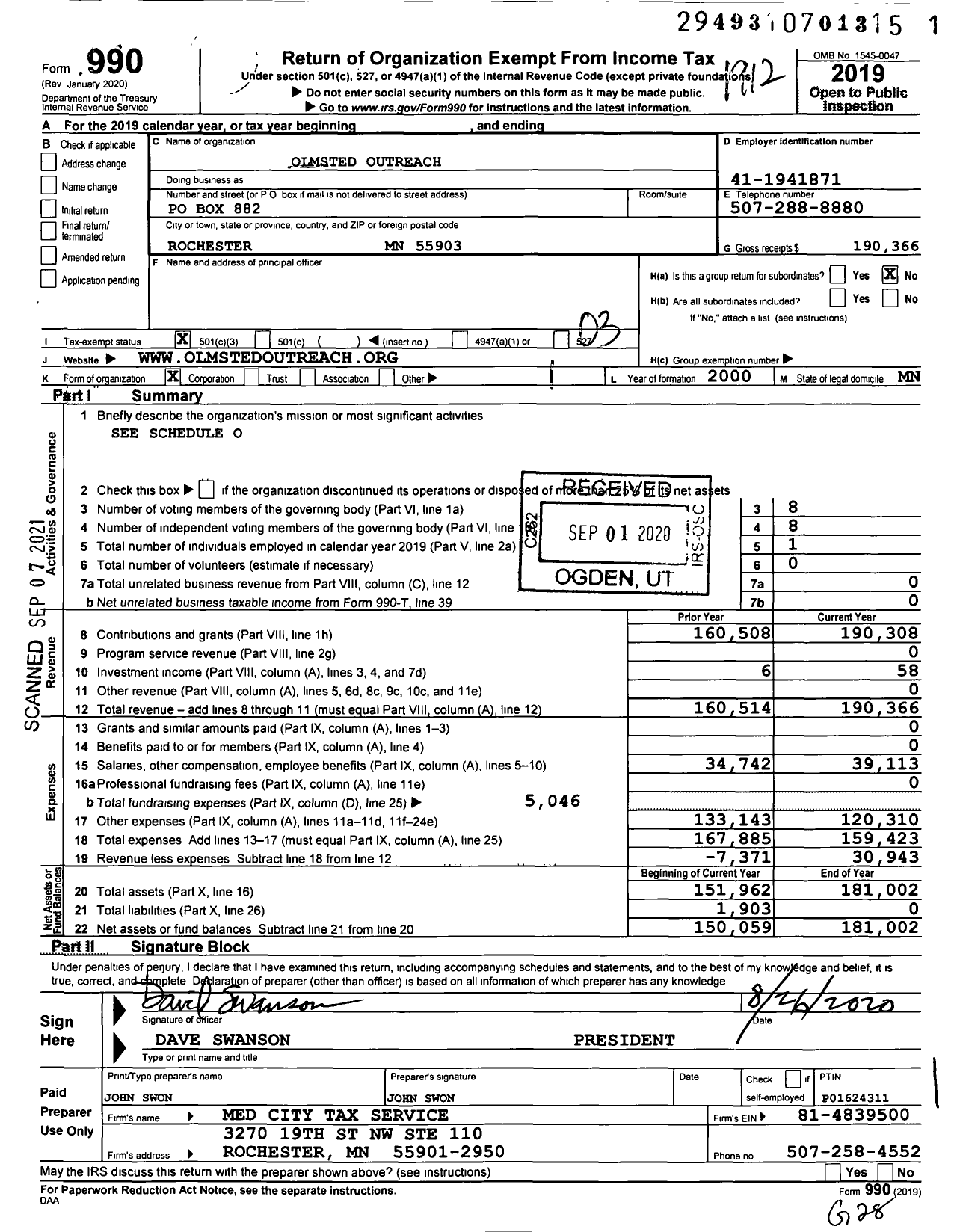 Image of first page of 2019 Form 990 for Olmsted Outreach