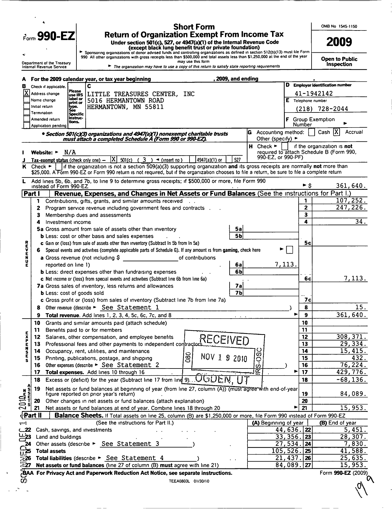 Image of first page of 2009 Form 990EZ for Little Treasures Center