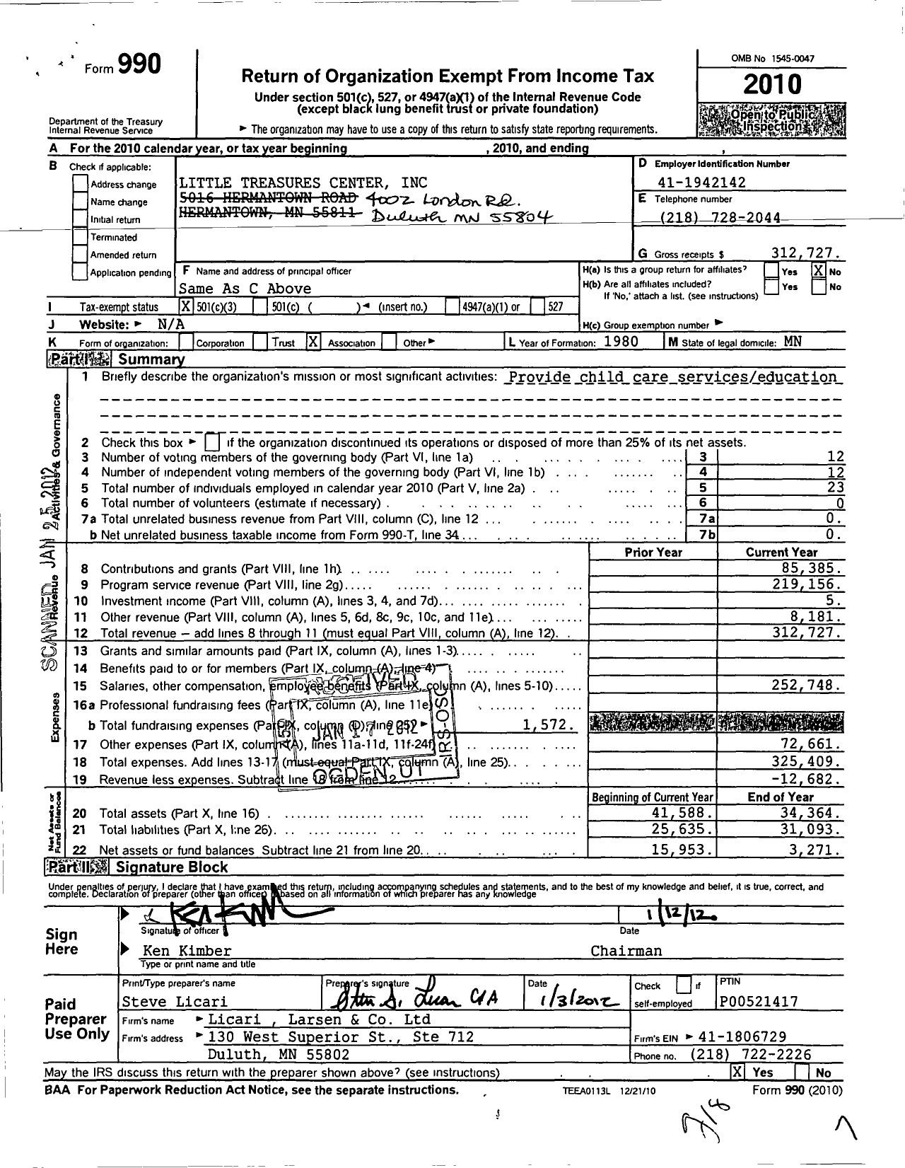 Image of first page of 2010 Form 990 for Little Treasures Center