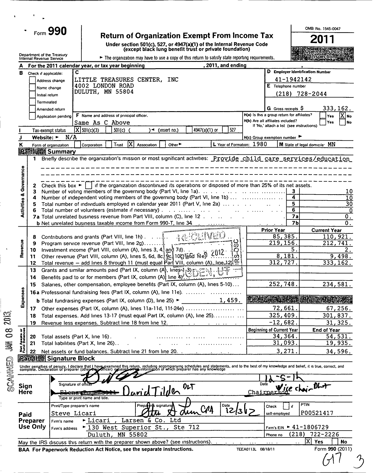 Image of first page of 2011 Form 990 for Little Treasures Center