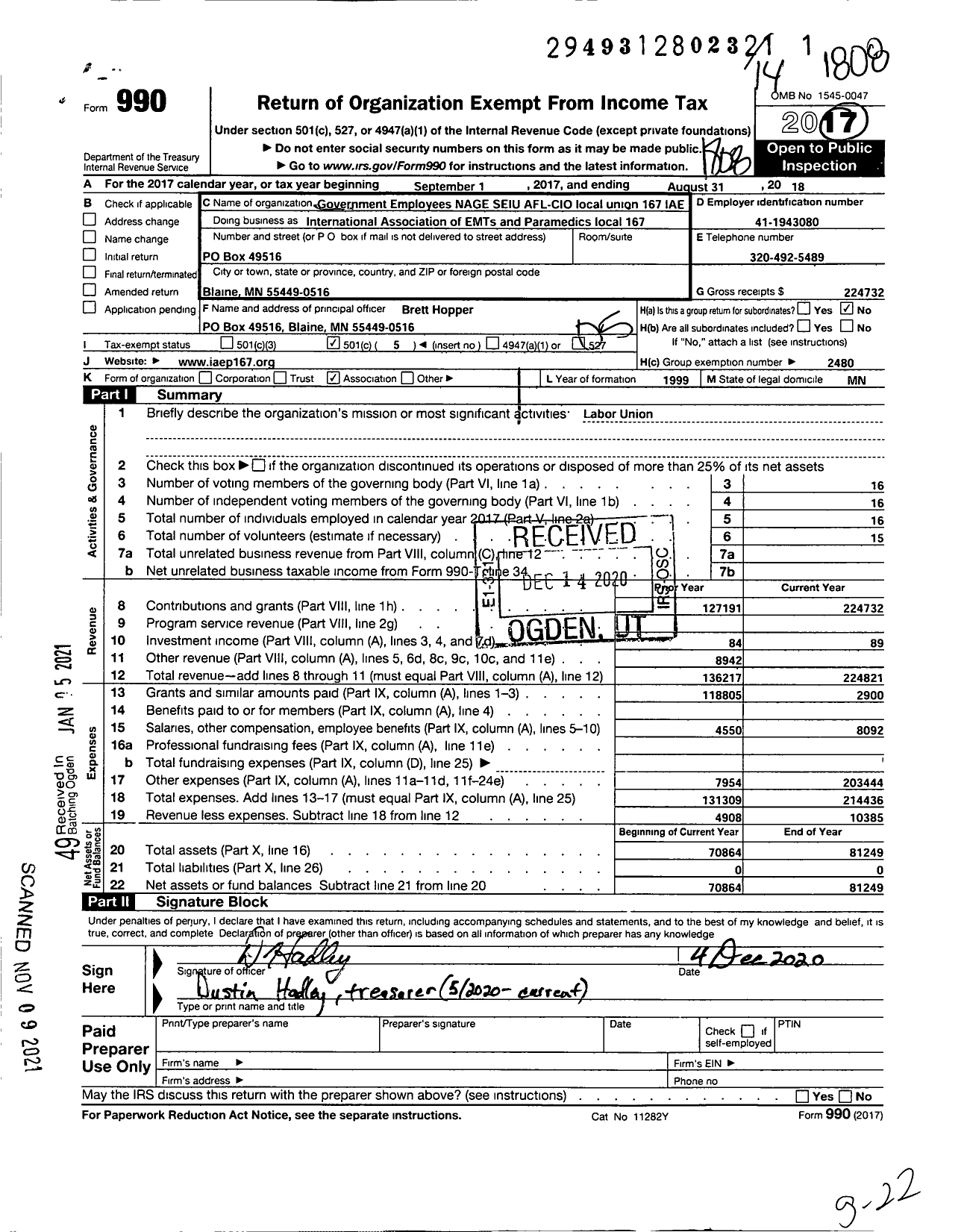 Image of first page of 2017 Form 990O for National Association of Government Employees / 07-167-iaep Minnesota
