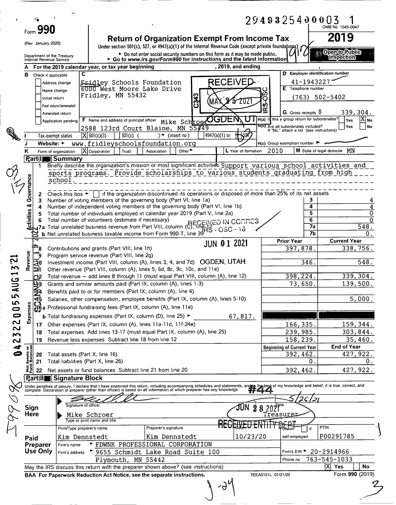 Image of first page of 2019 Form 990 for Fridley Schools Foundation