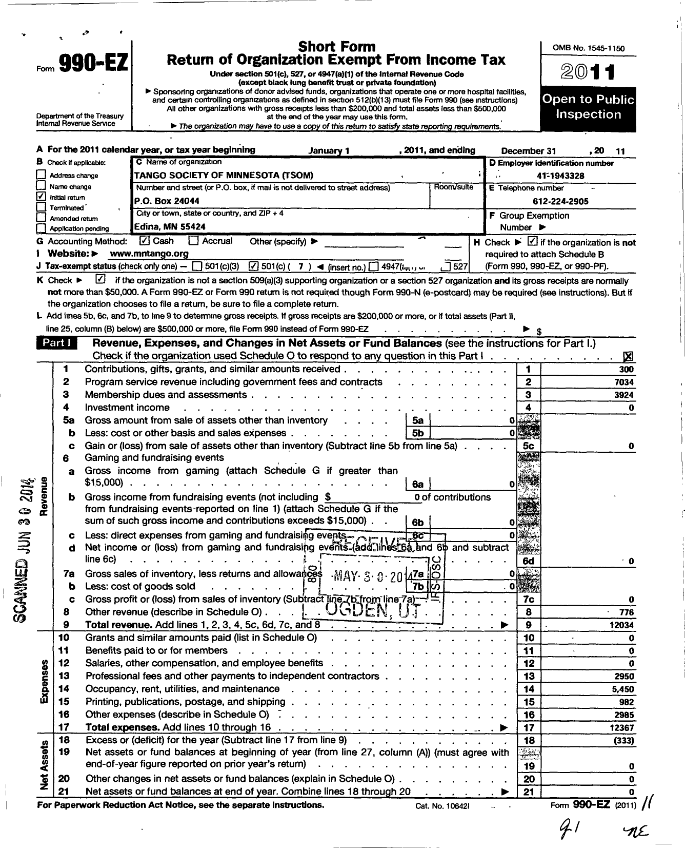 Image of first page of 2011 Form 990EO for Tango Society of Minnesota