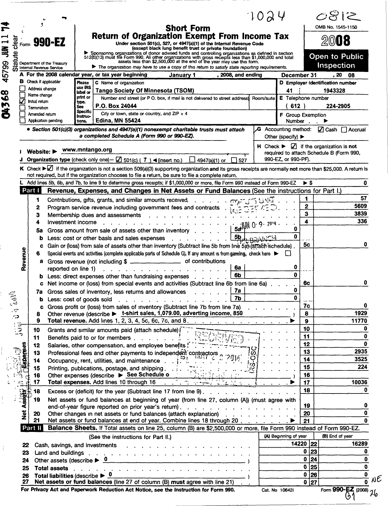 Image of first page of 2008 Form 990EO for Tango Society of Minnesota