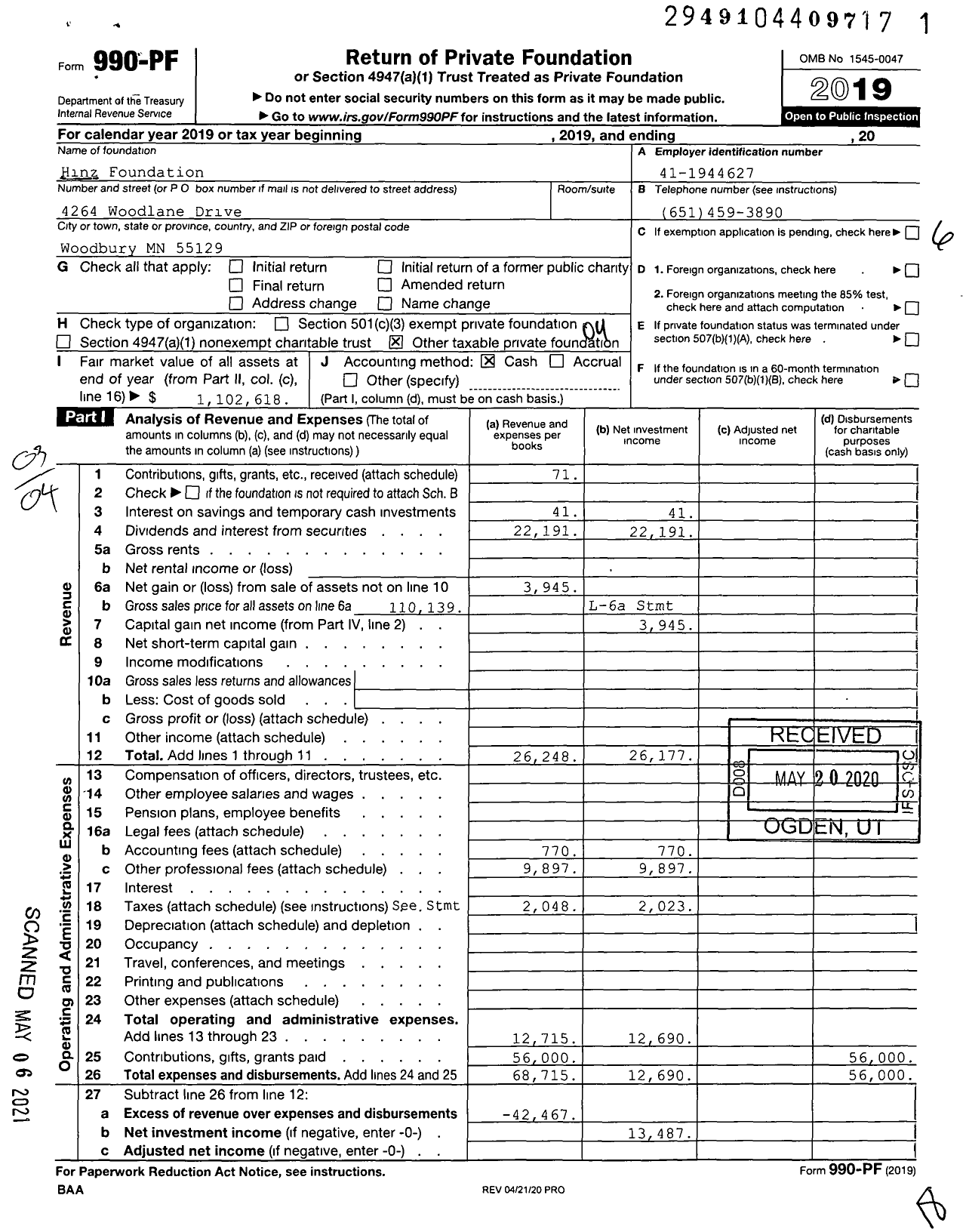 Image of first page of 2019 Form 990PF for Hinz Foundation