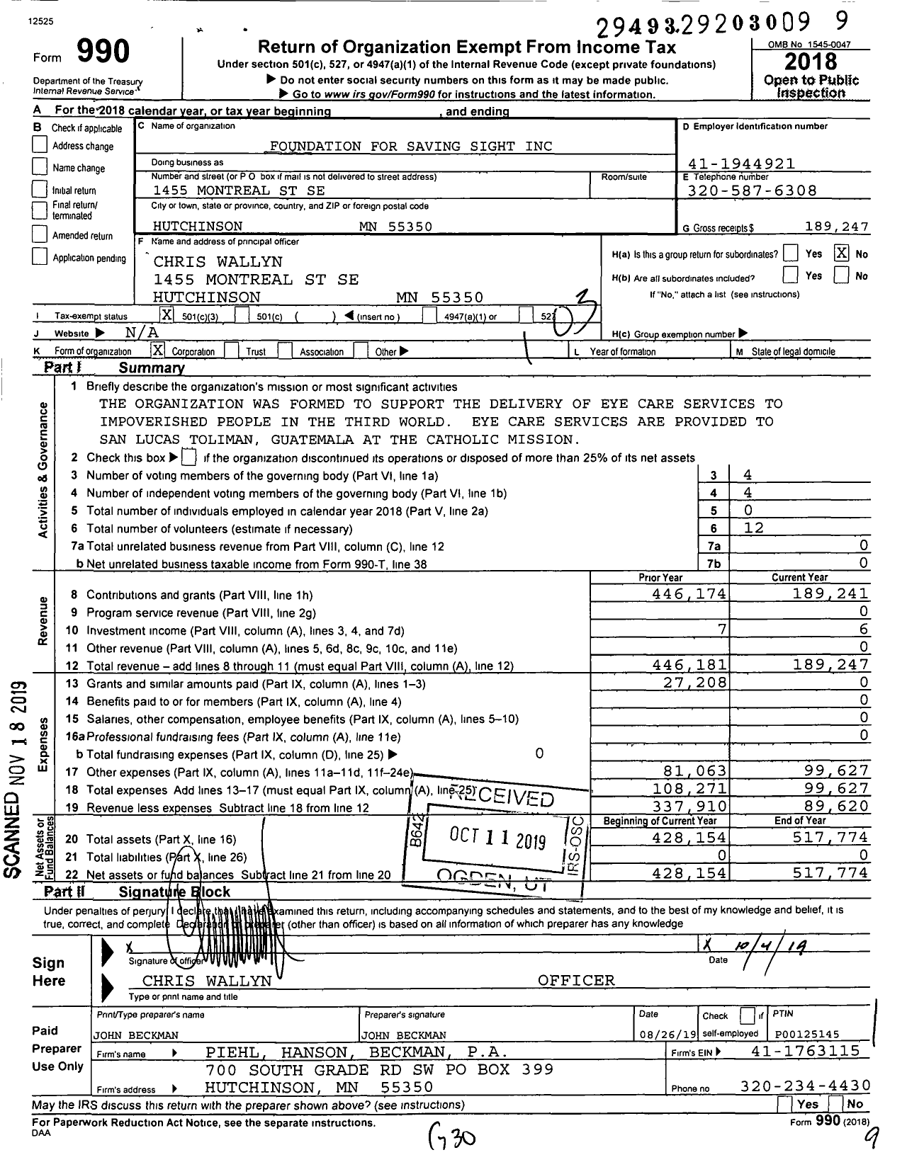 Image of first page of 2018 Form 990 for Foundation for Saving Sight