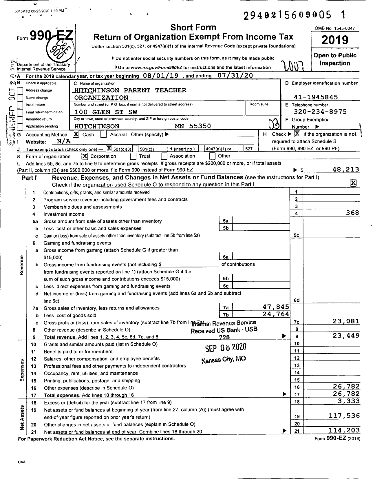Image of first page of 2019 Form 990EZ for Pto Hutchinson