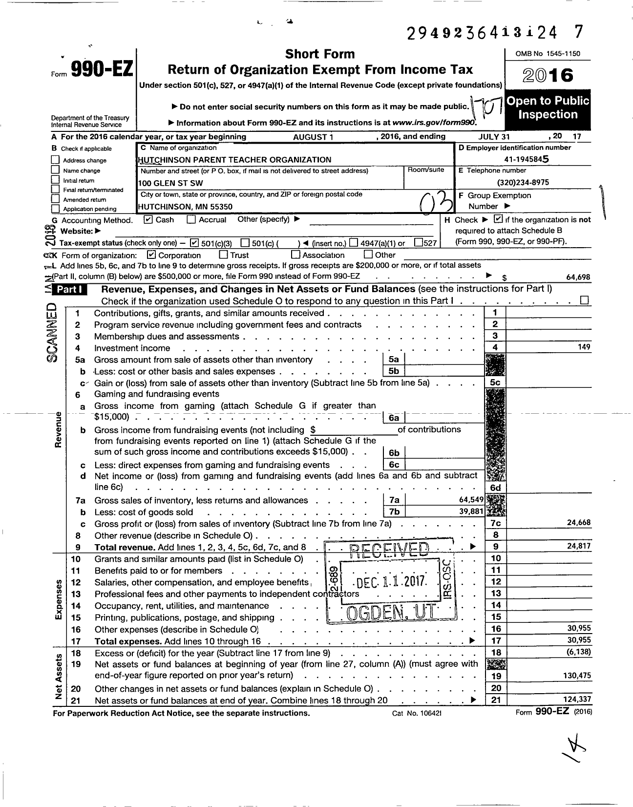 Image of first page of 2016 Form 990EZ for Pto Hutchinson
