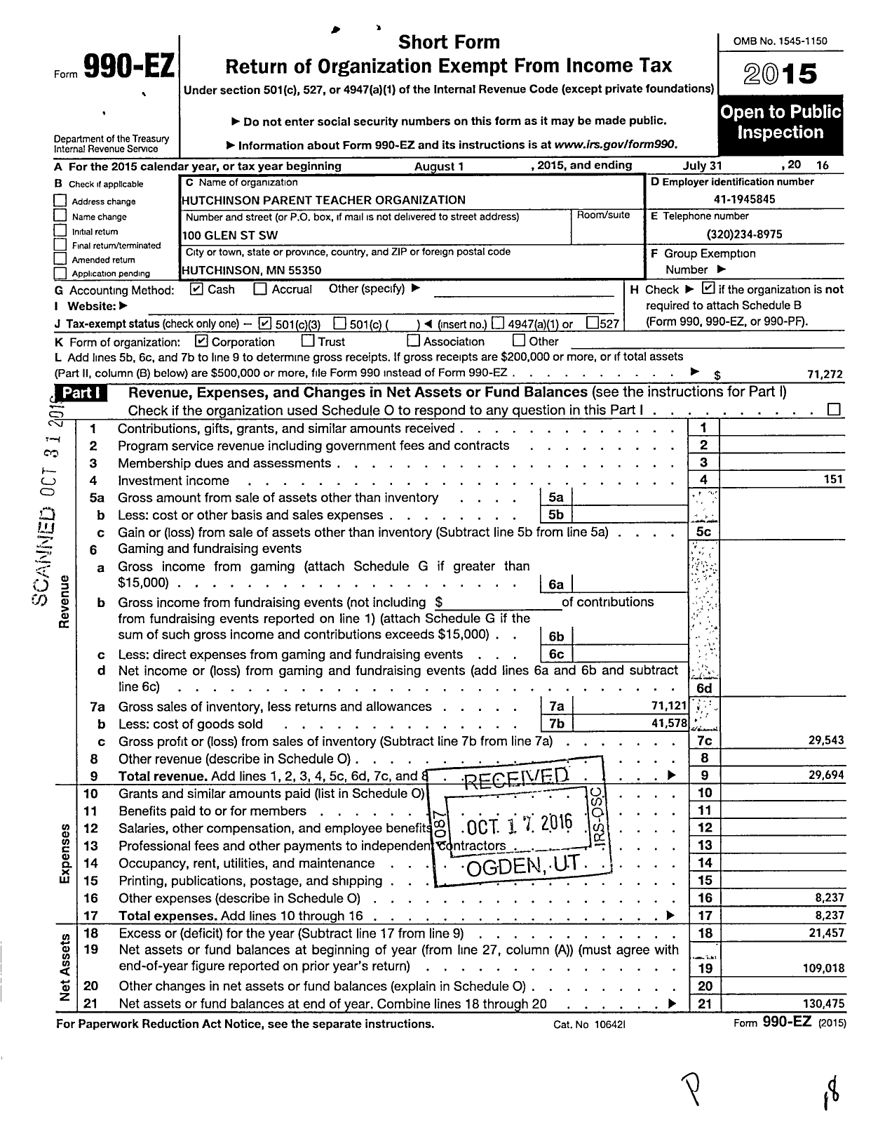 Image of first page of 2015 Form 990EZ for Pto Hutchinson