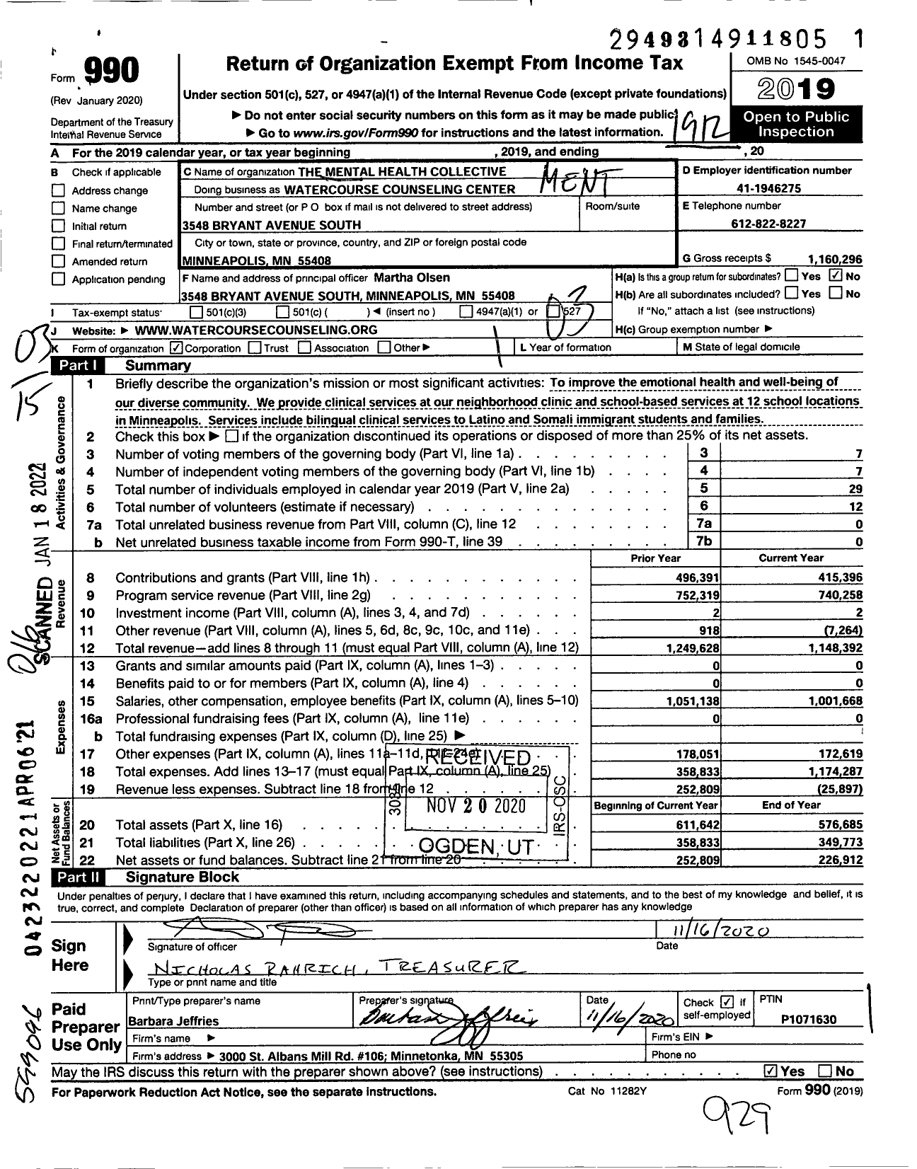 Image of first page of 2019 Form 990 for Watercourse Counseling Center