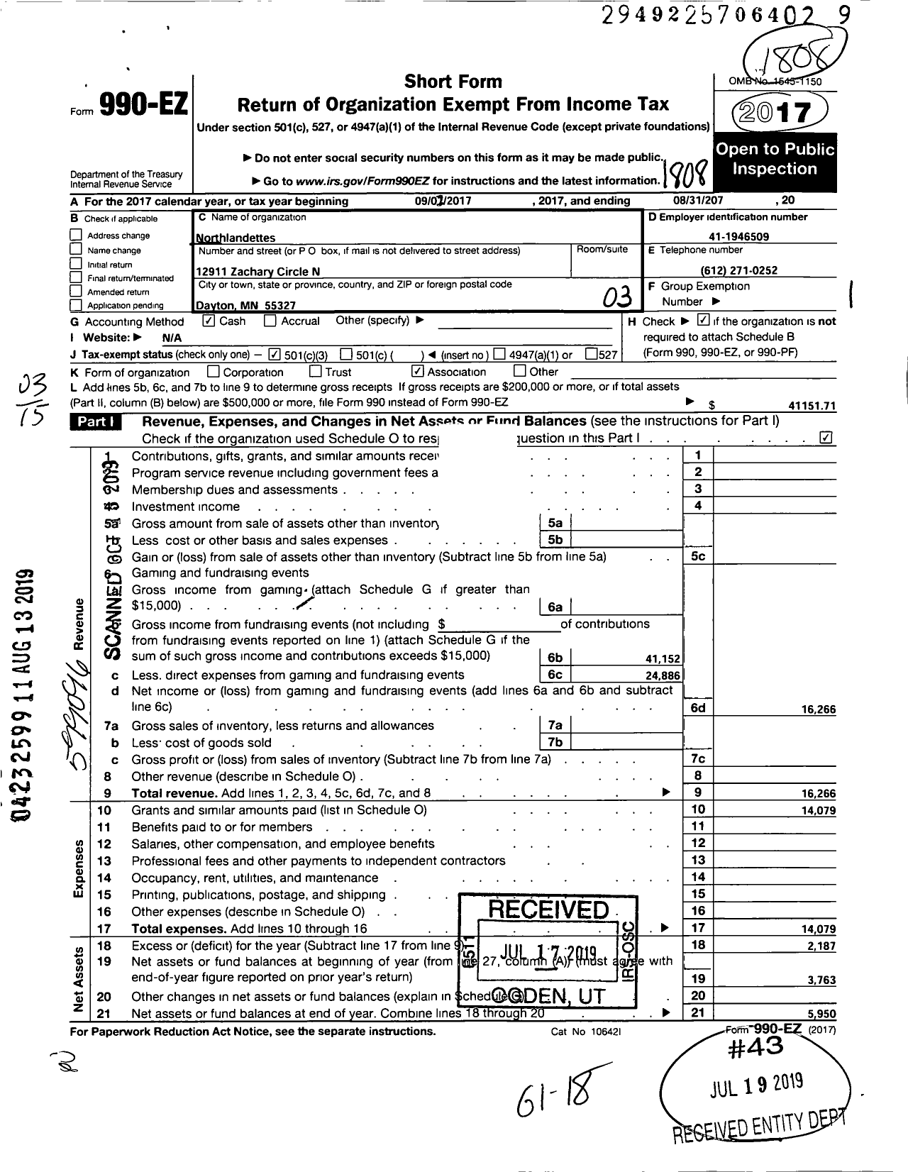 Image of first page of 2017 Form 990EZ for Northlandettes