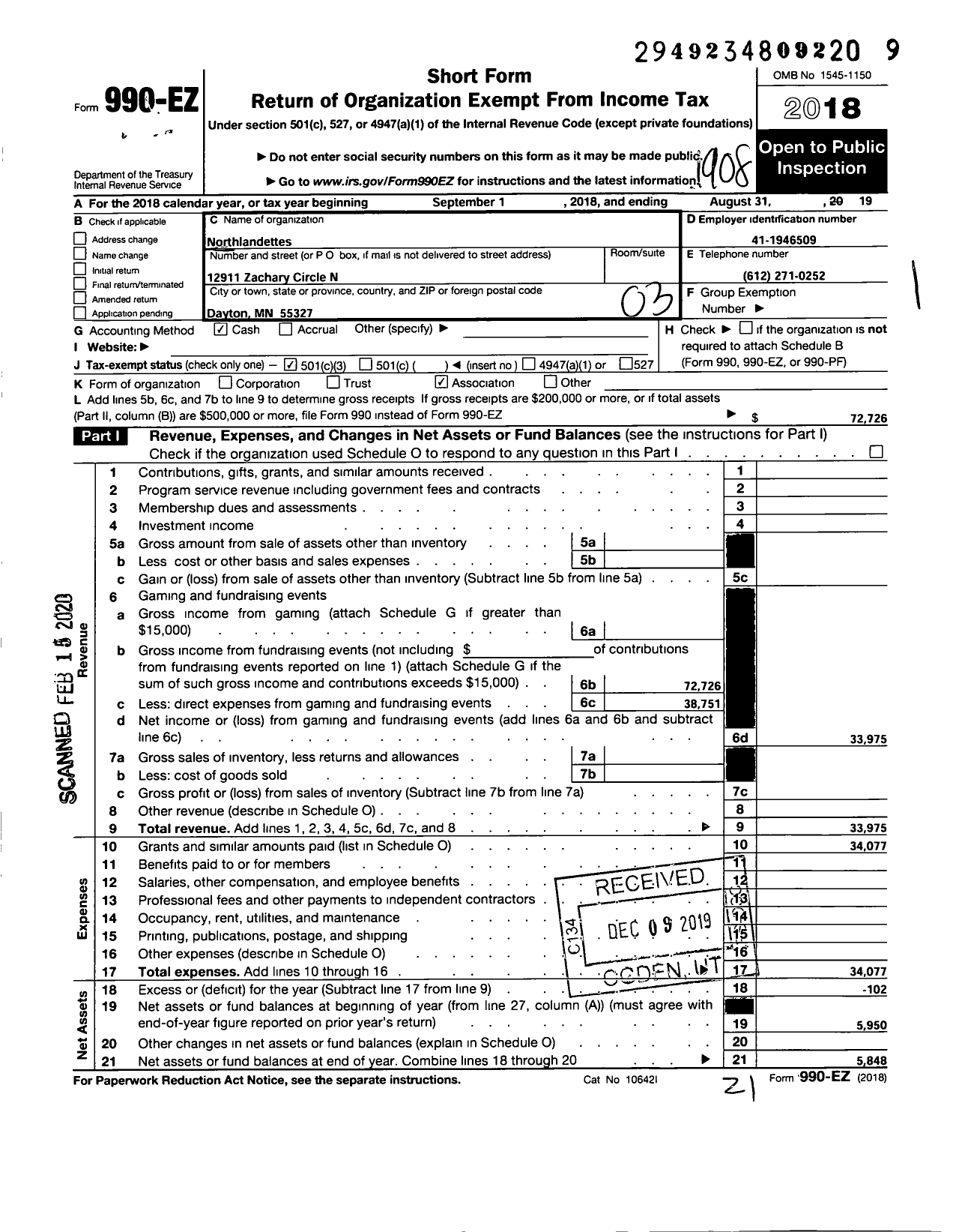 Image of first page of 2018 Form 990EZ for Northlandettes