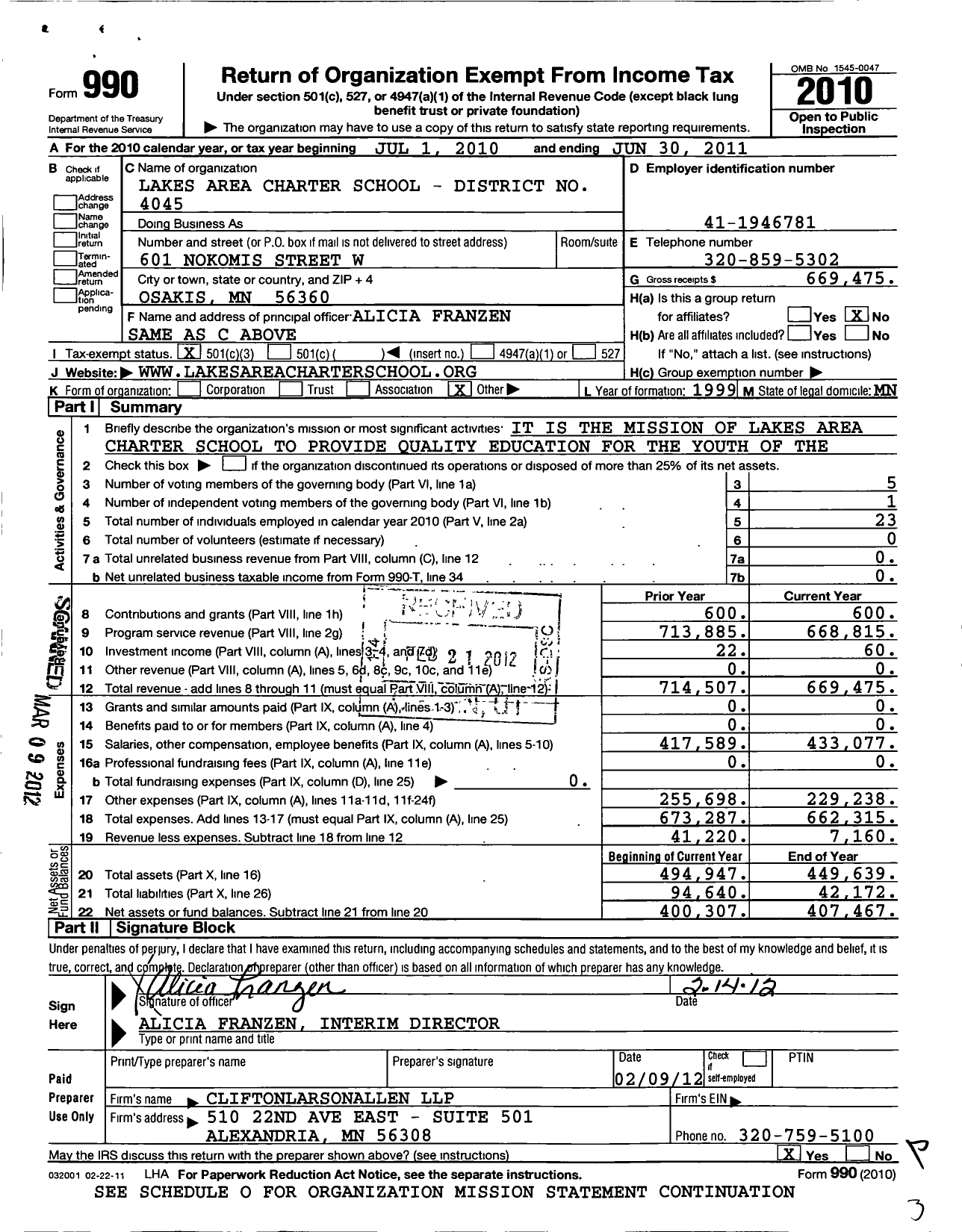 Image of first page of 2010 Form 990 for Lakes Area Charter School - District No 4045