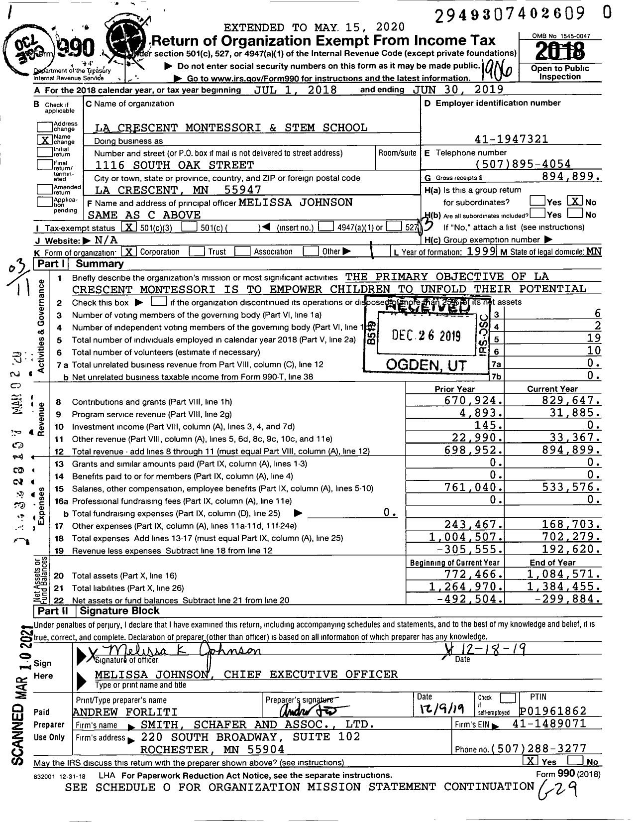 Image of first page of 2018 Form 990 for La Crescent Montessori and Stem School