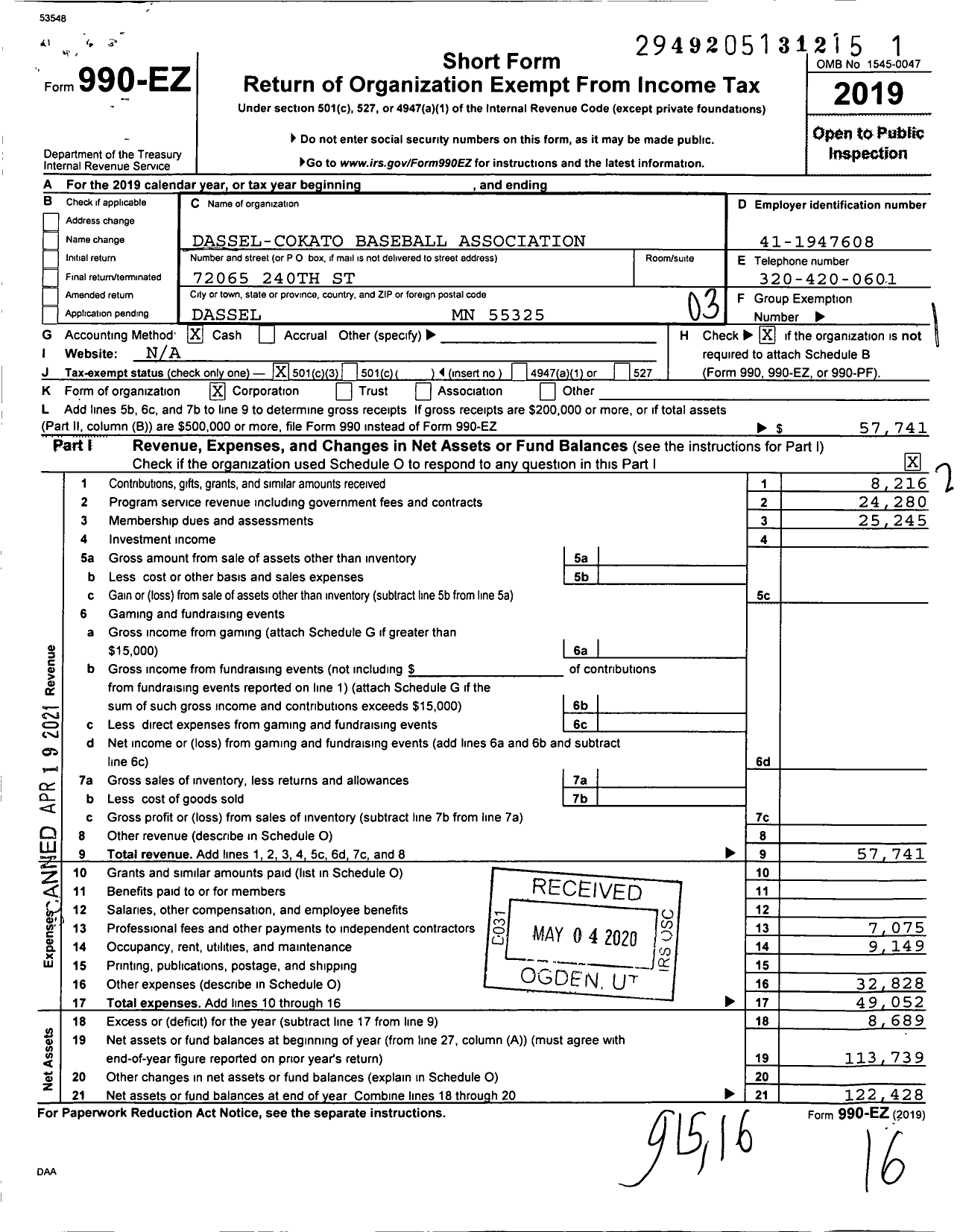 Image of first page of 2019 Form 990EZ for Dassel-Cokato Baseball Association