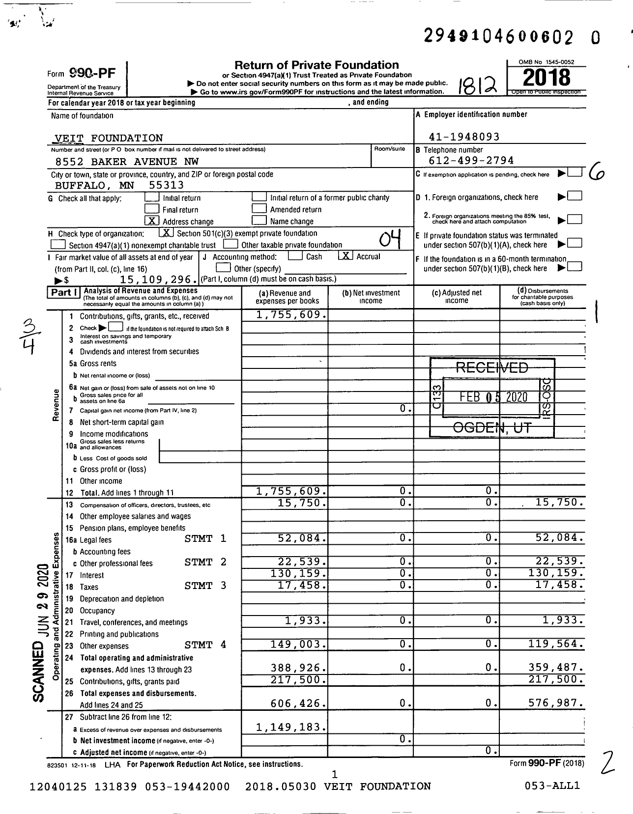 Image of first page of 2018 Form 990PR for Veit Foundation