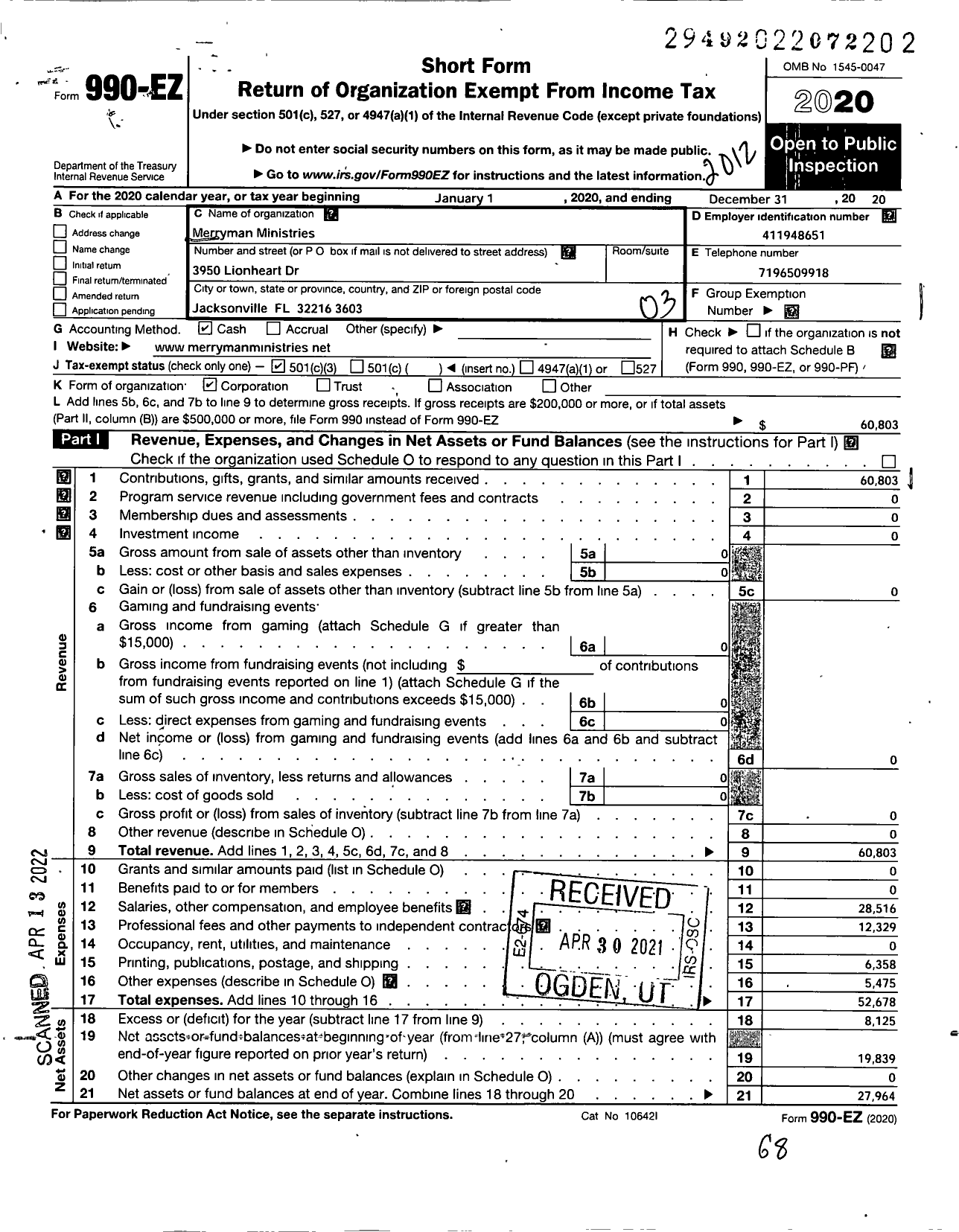 Image of first page of 2020 Form 990EZ for Merryman Ministries