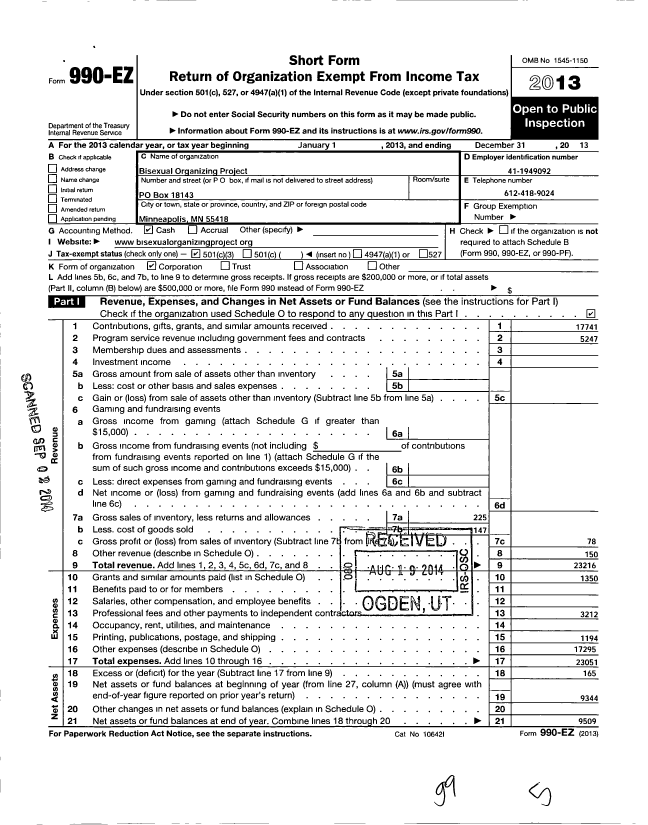 Image of first page of 2013 Form 990EZ for Bisexual Organizing Project