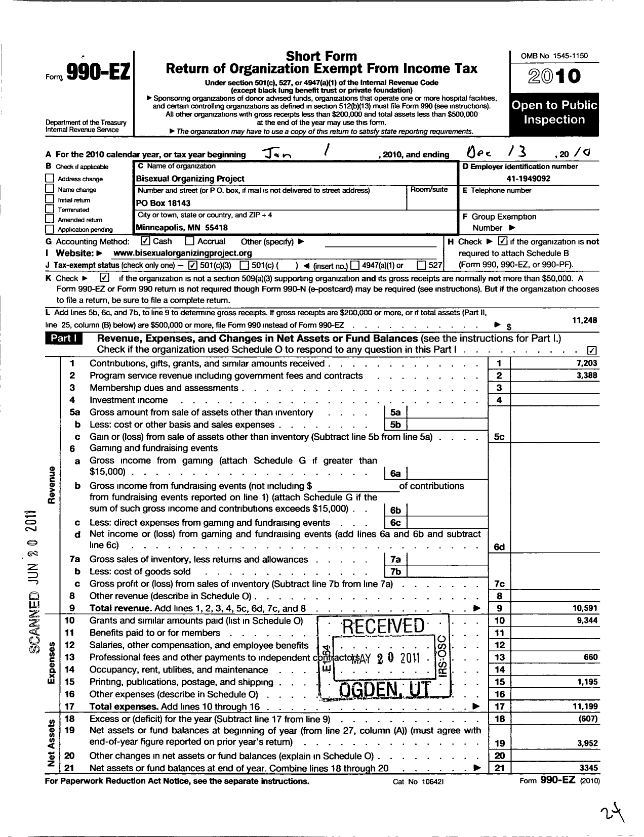 Image of first page of 2010 Form 990EZ for Bisexual Organizing Project