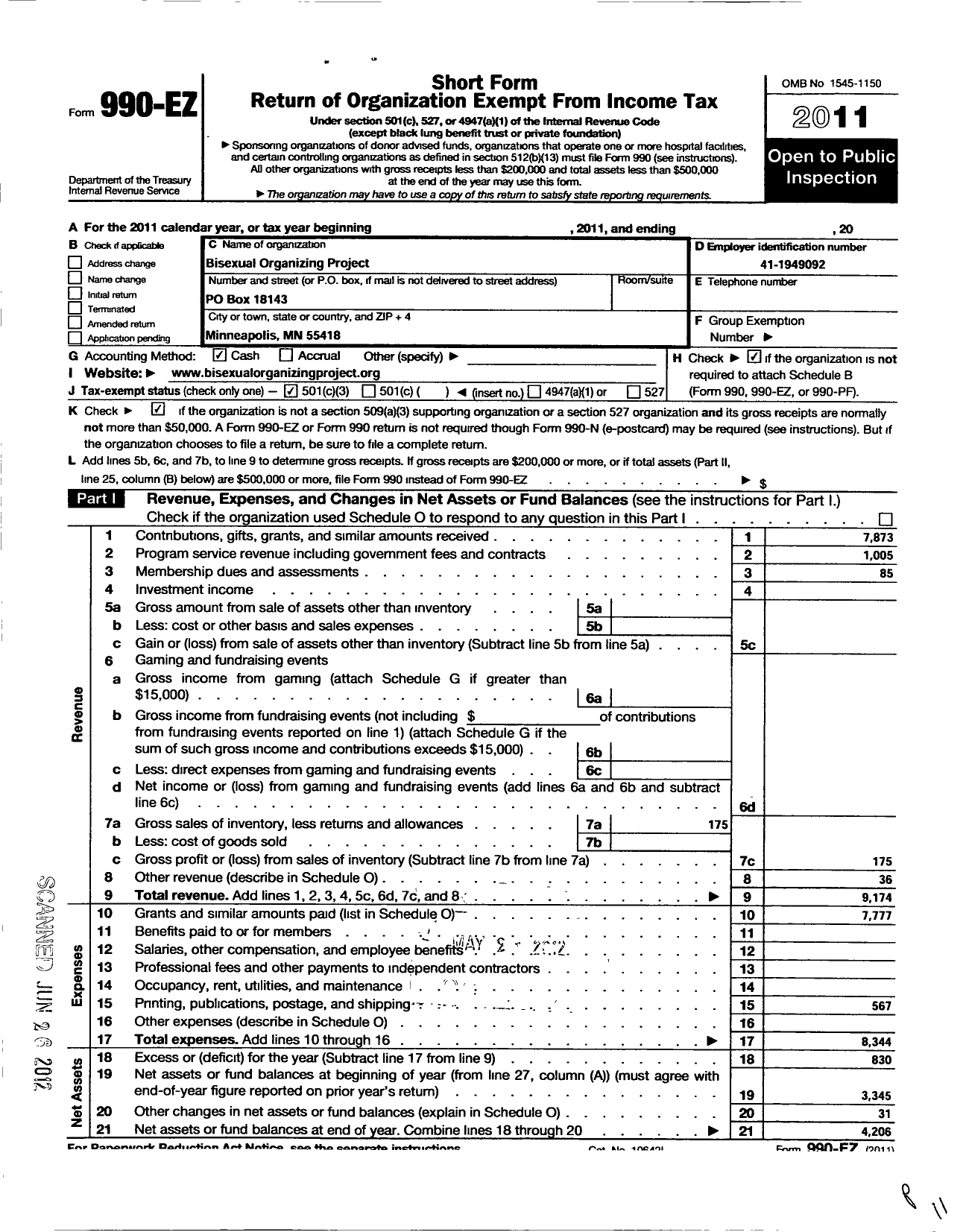 Image of first page of 2011 Form 990EZ for Bisexual Organizing Project