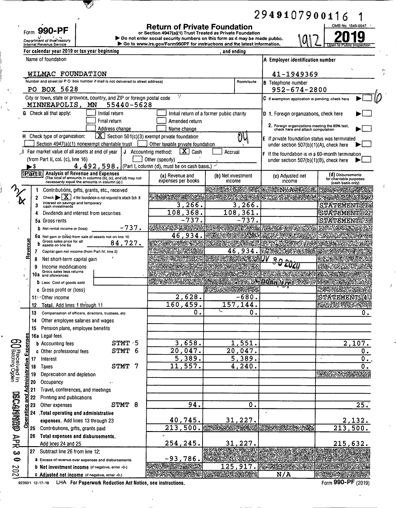 Image of first page of 2019 Form 990PF for Wilmac Foundation