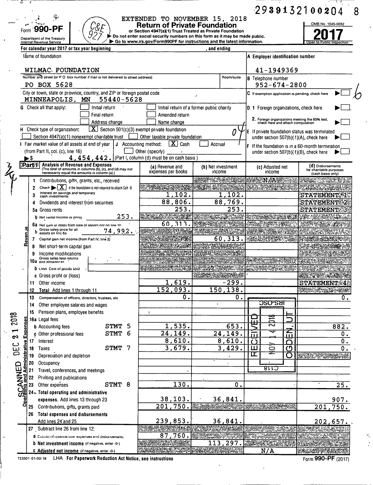 Image of first page of 2017 Form 990PF for Wilmac Foundation