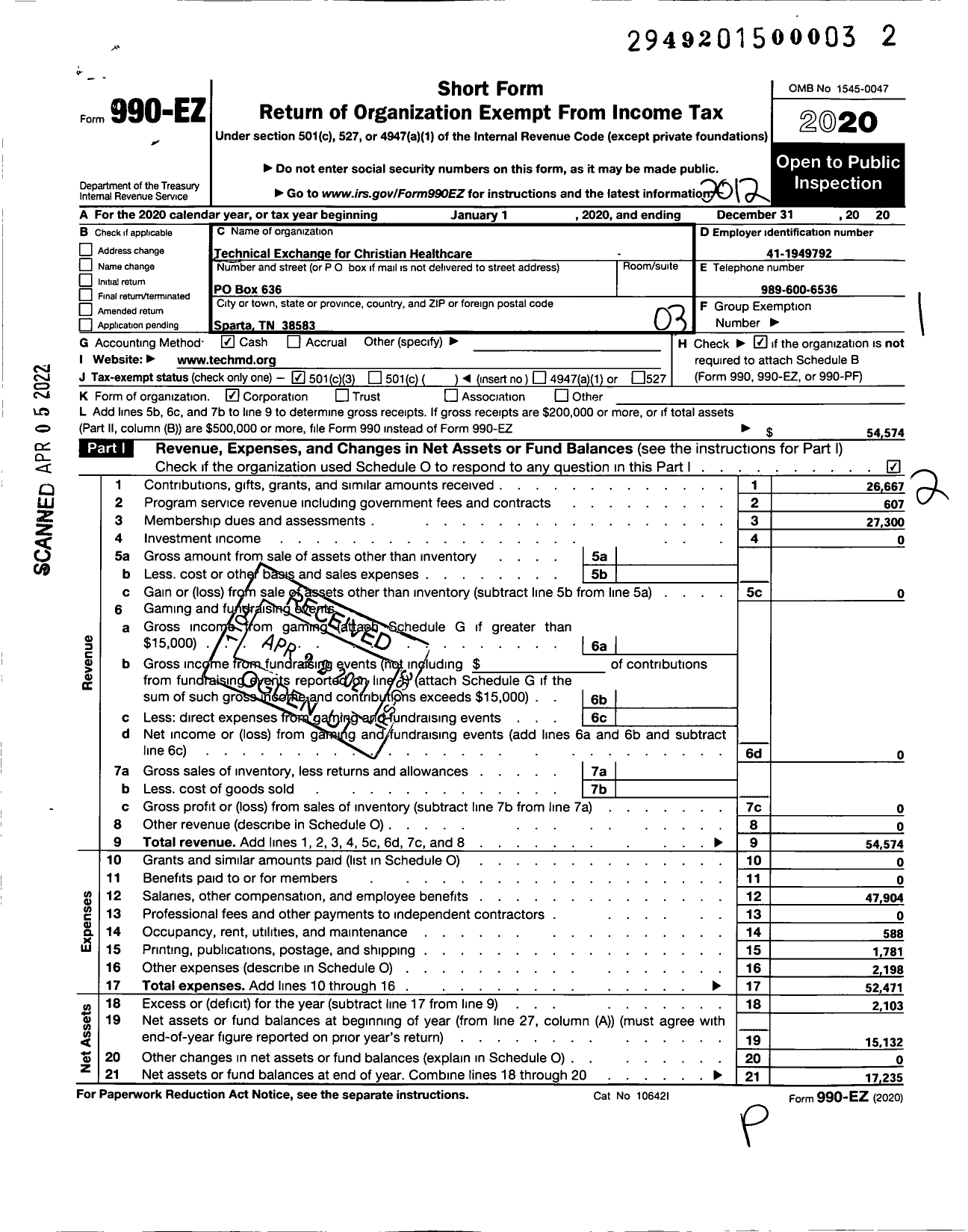 Image of first page of 2020 Form 990EZ for Technical Exchange for Christian Healthcare Care