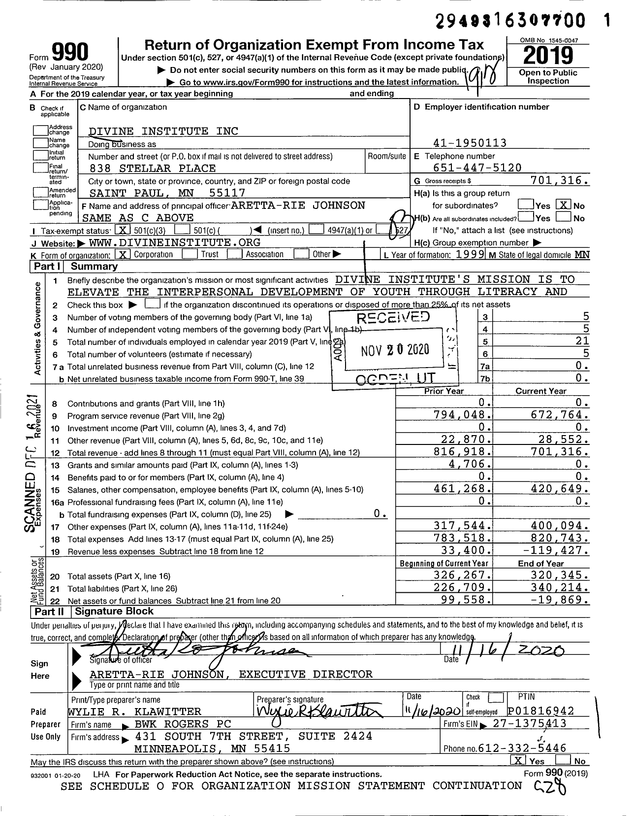 Image of first page of 2019 Form 990 for Divine Institute