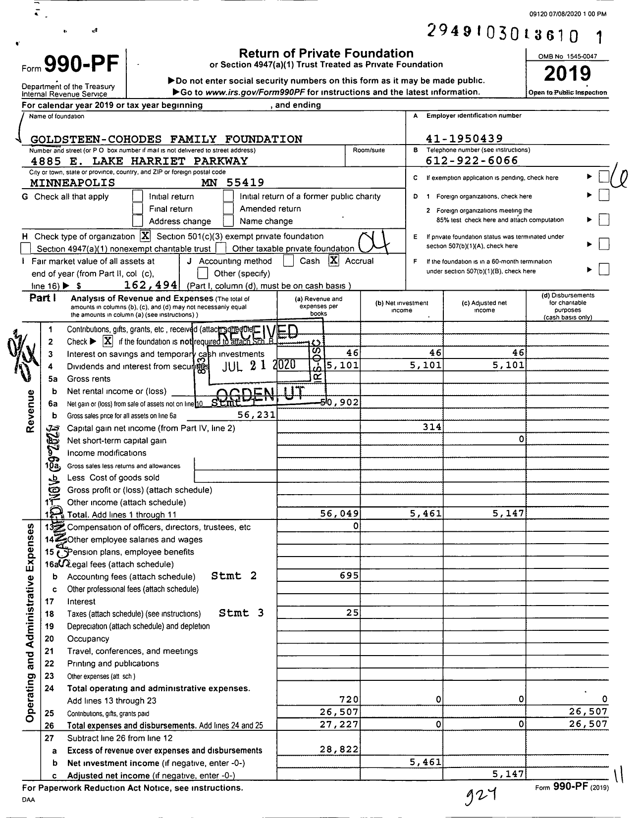 Image of first page of 2019 Form 990PF for Goldsteen-Cohodes Family Foundation