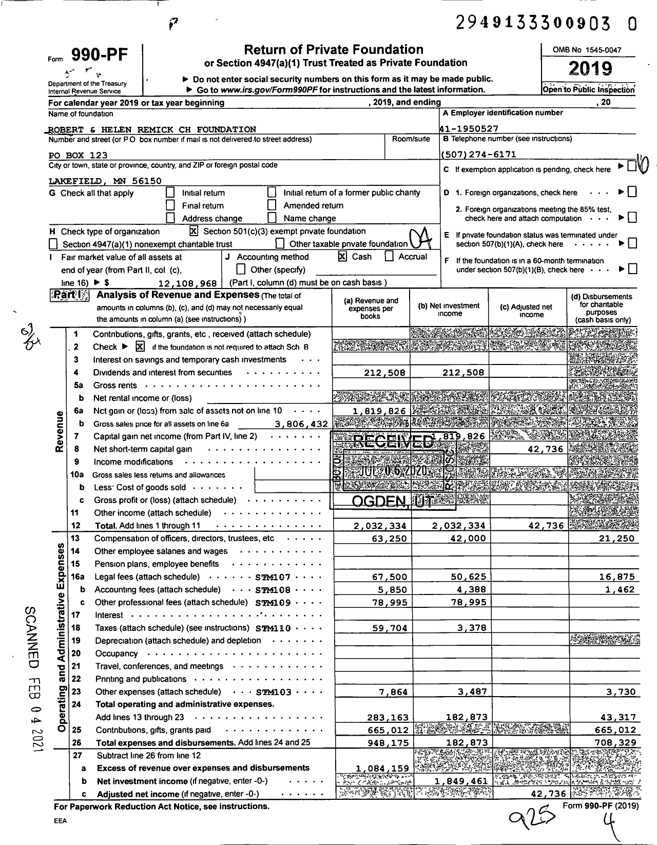 Image of first page of 2019 Form 990PF for Robert and Helen Remick CH Foundation