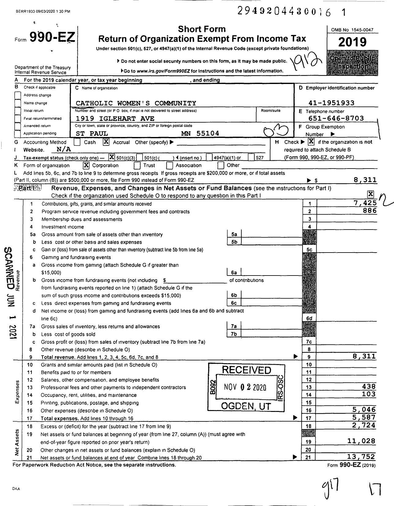 Image of first page of 2019 Form 990EZ for Catholic Womens Community