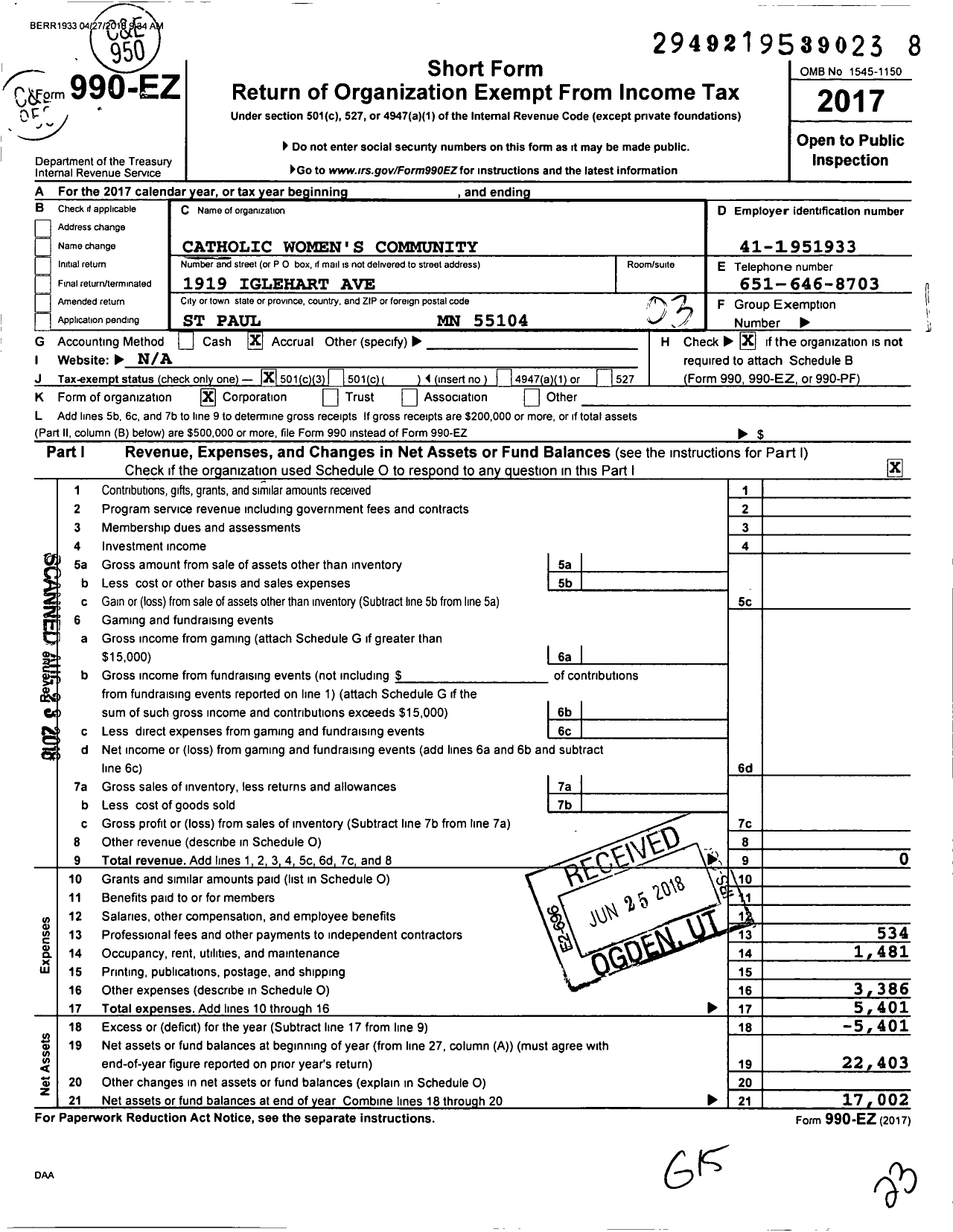 Image of first page of 2017 Form 990EZ for Catholic Womens Community