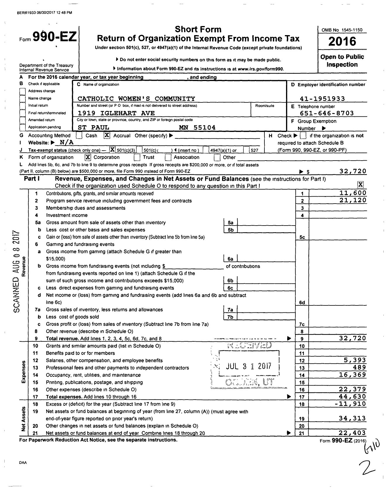 Image of first page of 2016 Form 990EZ for Catholic Womens Community