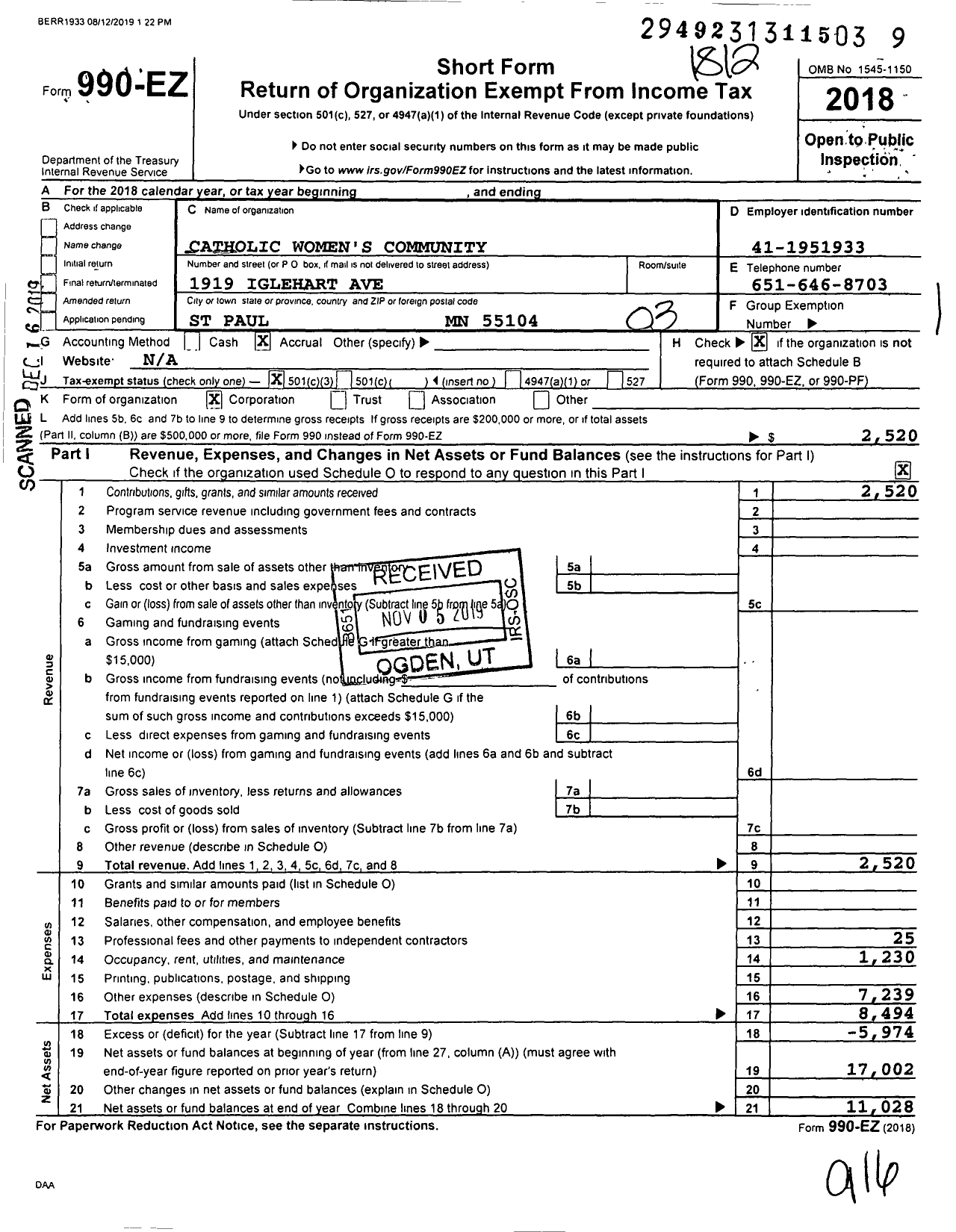 Image of first page of 2018 Form 990EZ for Catholic Womens Community