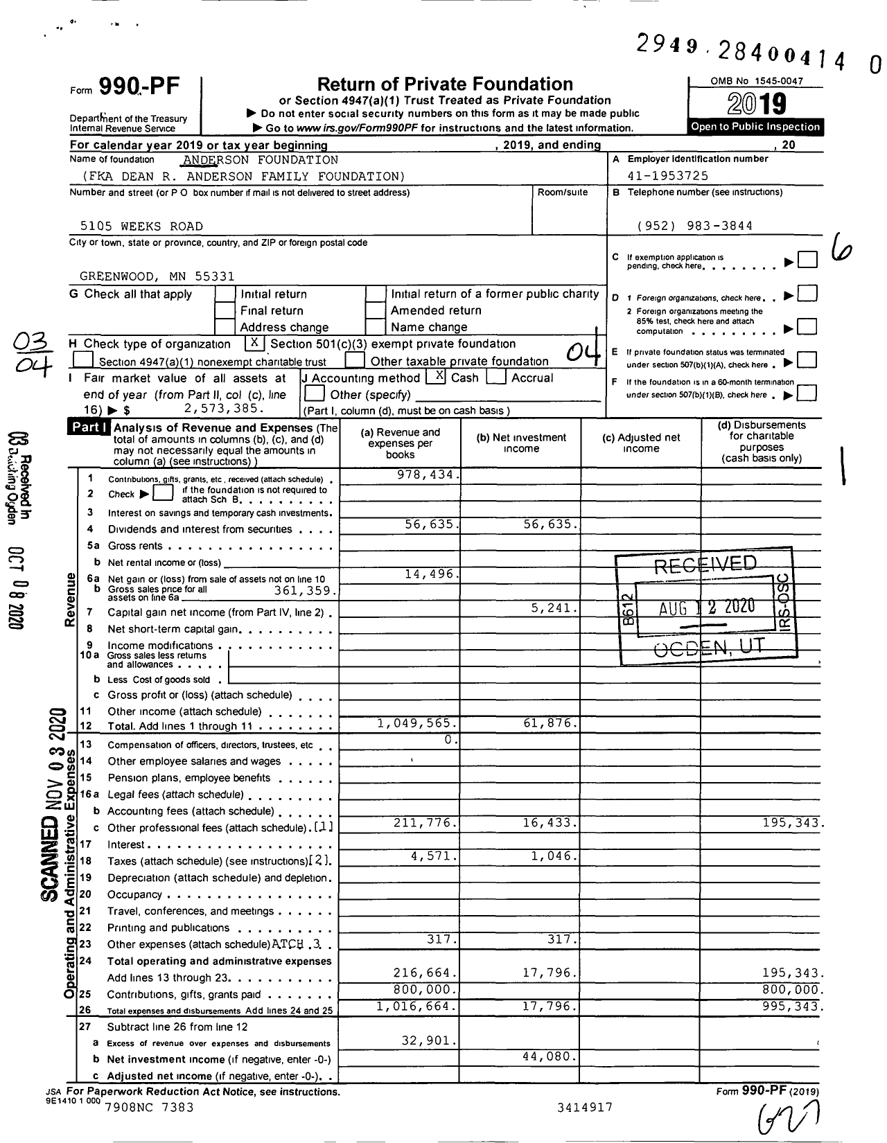 Image of first page of 2019 Form 990PF for Anderson Foundation