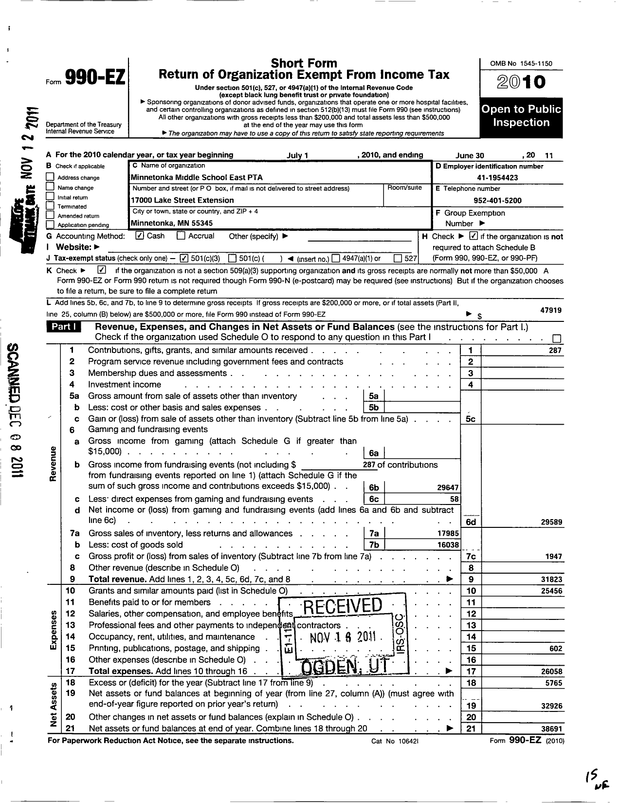 Image of first page of 2010 Form 990EZ for Minnesota Congress of Parents and Teachers / Minnetonka Middle School East PTA