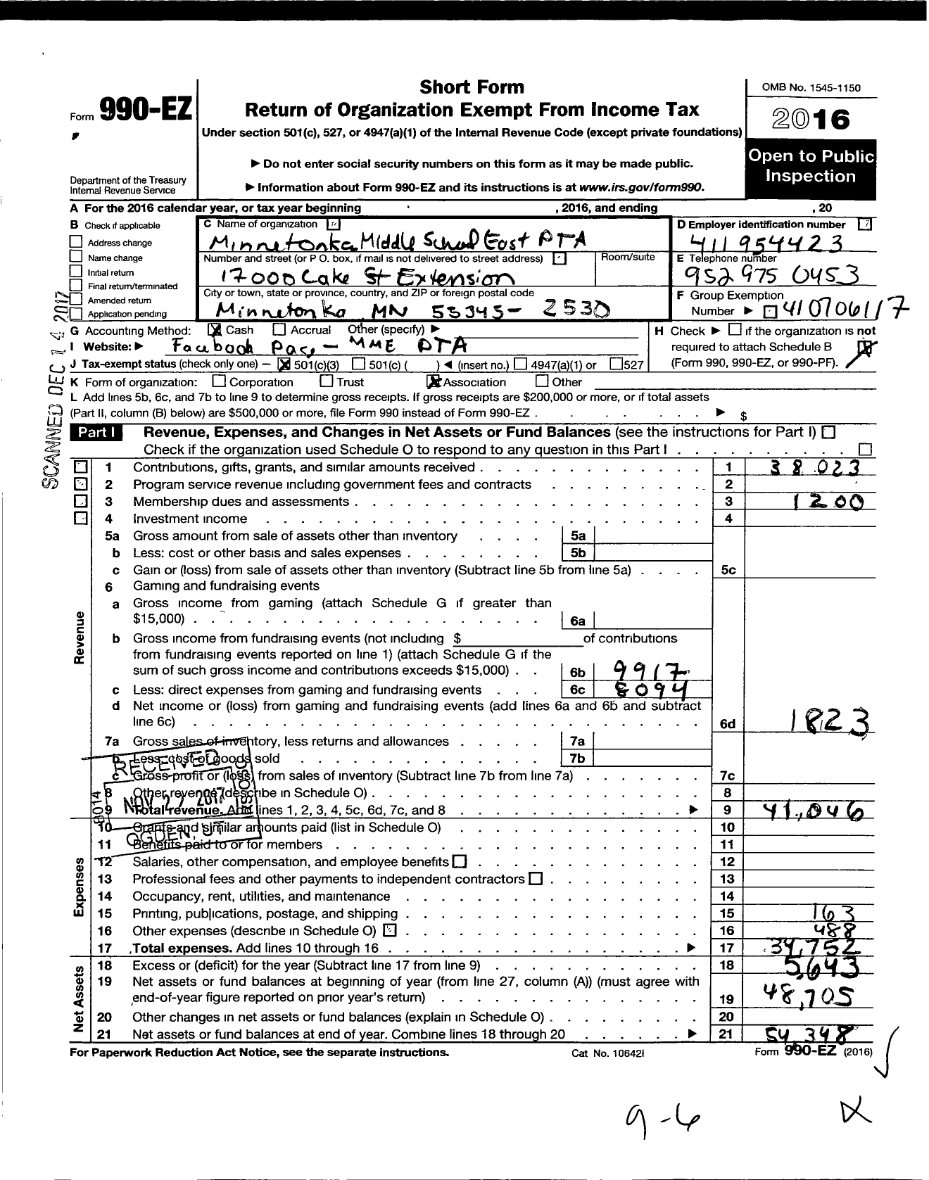 Image of first page of 2016 Form 990EZ for Minnesota Congress of Parents and Teachers / Minnetonka Middle School East PTA