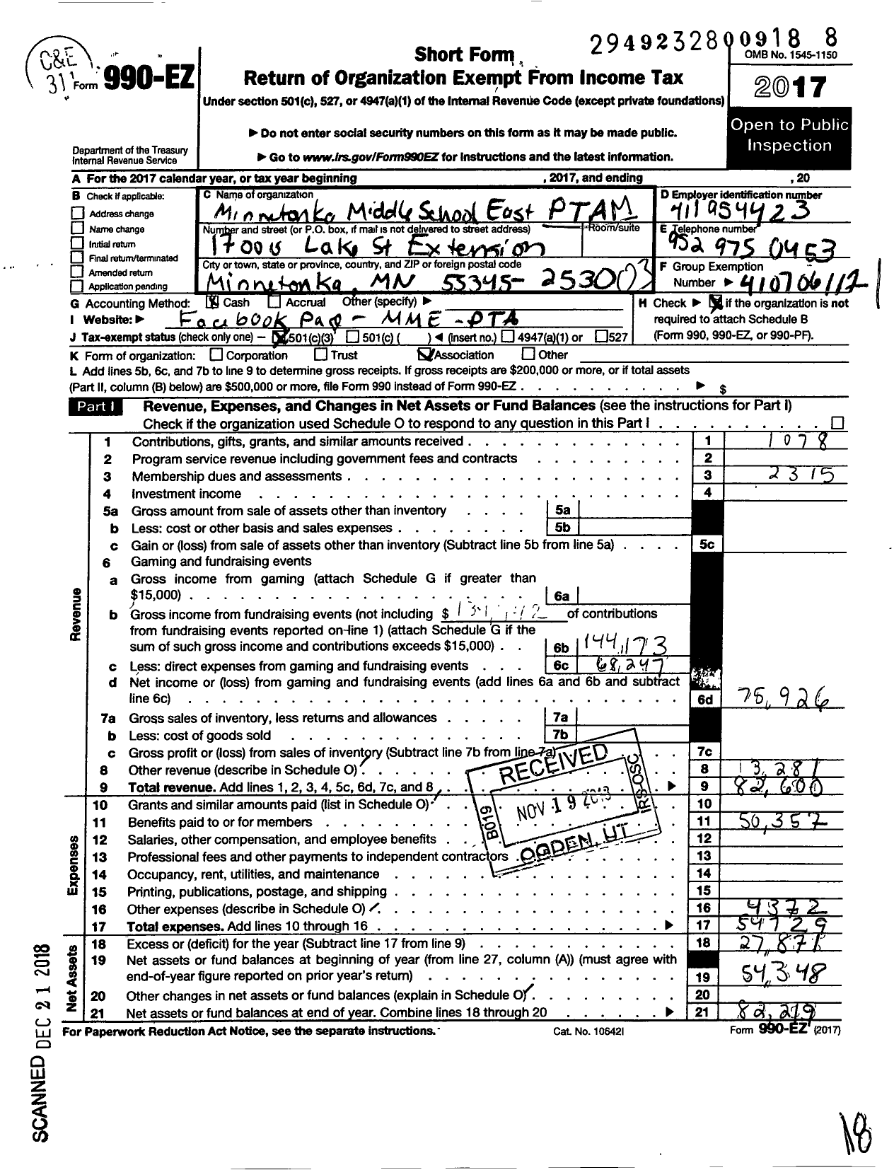 Image of first page of 2017 Form 990EZ for Minnesota Congress of Parents and Teachers / Minnetonka Middle School East PTA