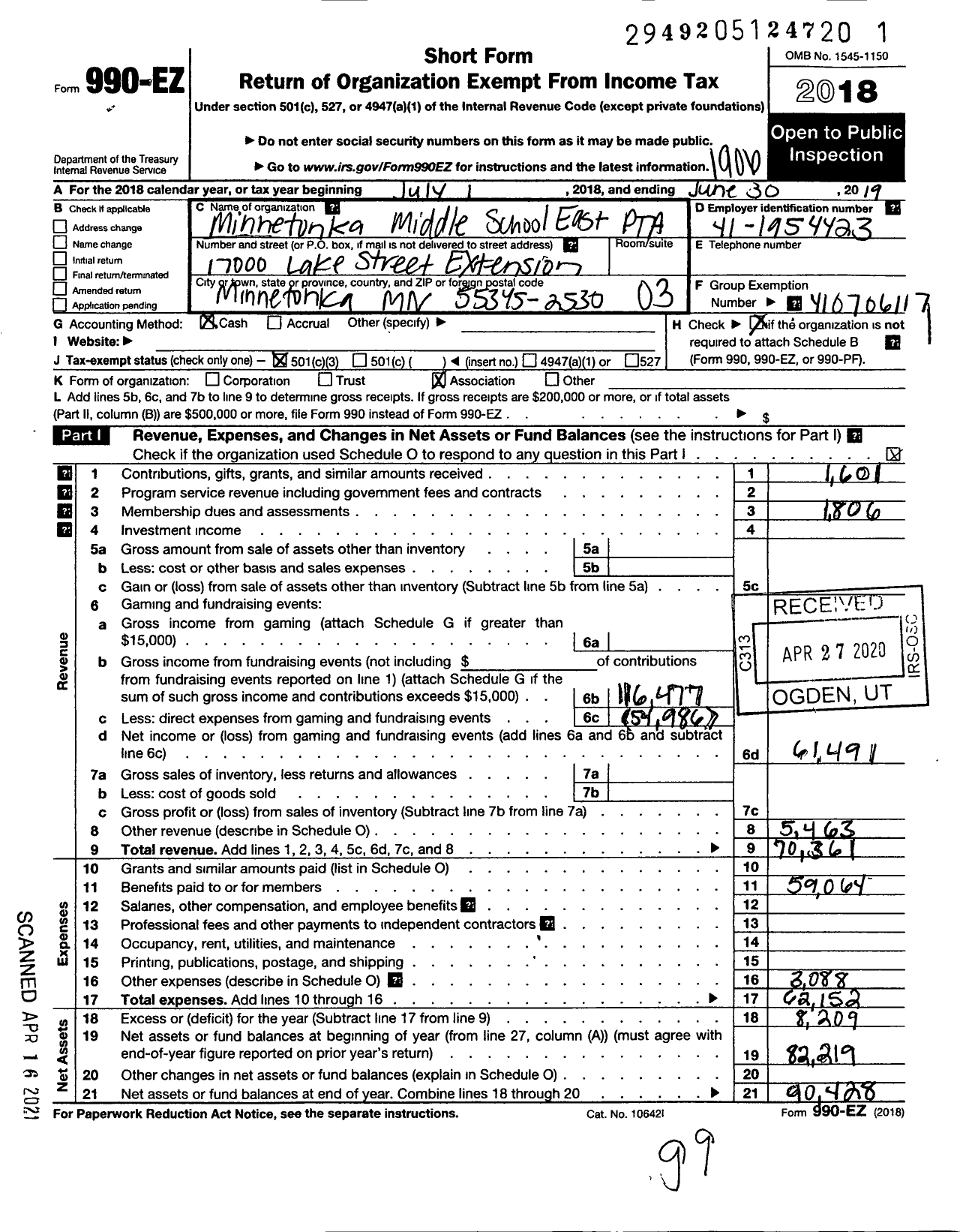 Image of first page of 2018 Form 990EZ for Minnesota Congress of Parents and Teachers / Minnetonka Middle School East PTA