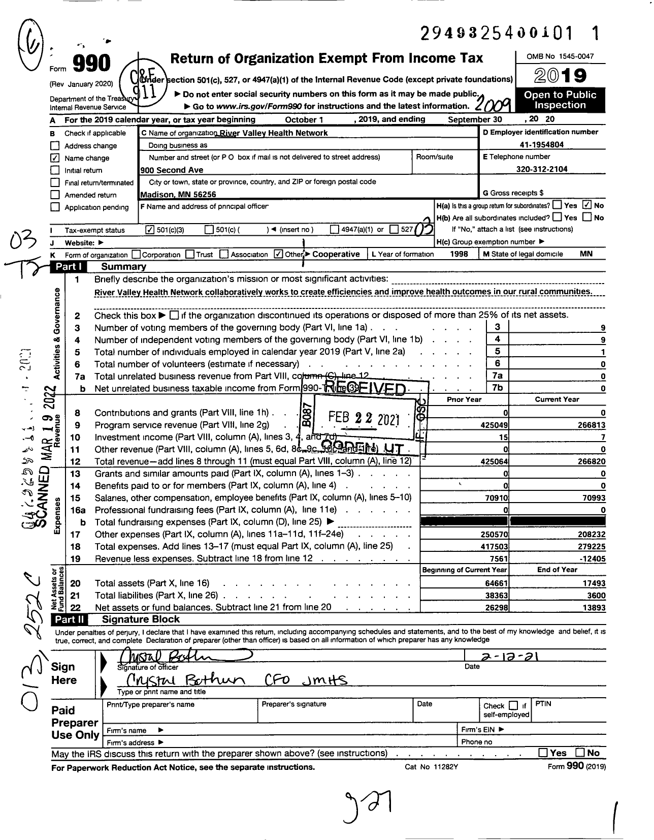 Image of first page of 2019 Form 990 for River Valley Health Network