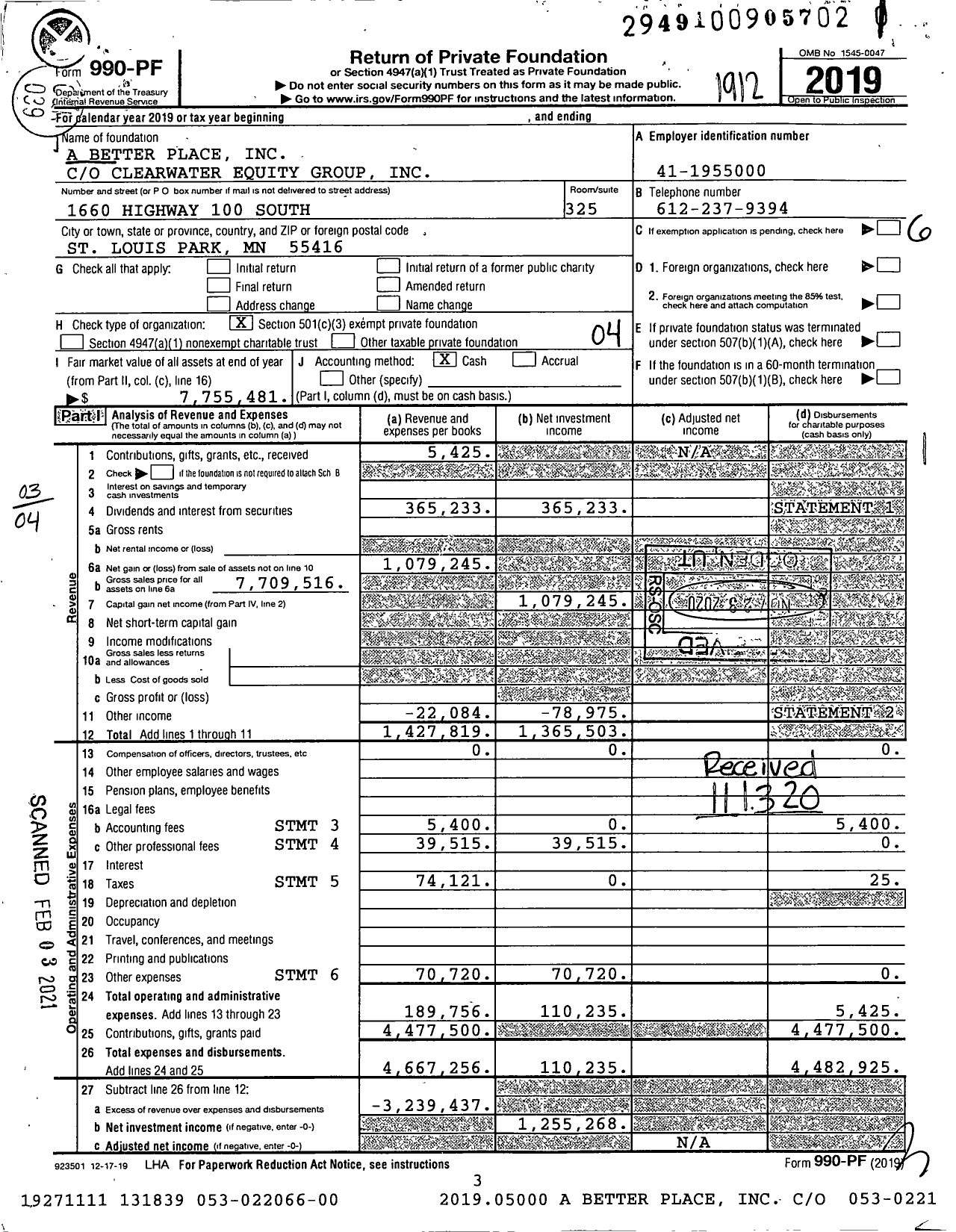 Image of first page of 2019 Form 990PF for A Better Place