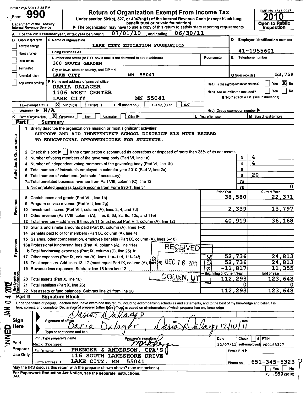 Image of first page of 2010 Form 990 for Lake City Education Foundation